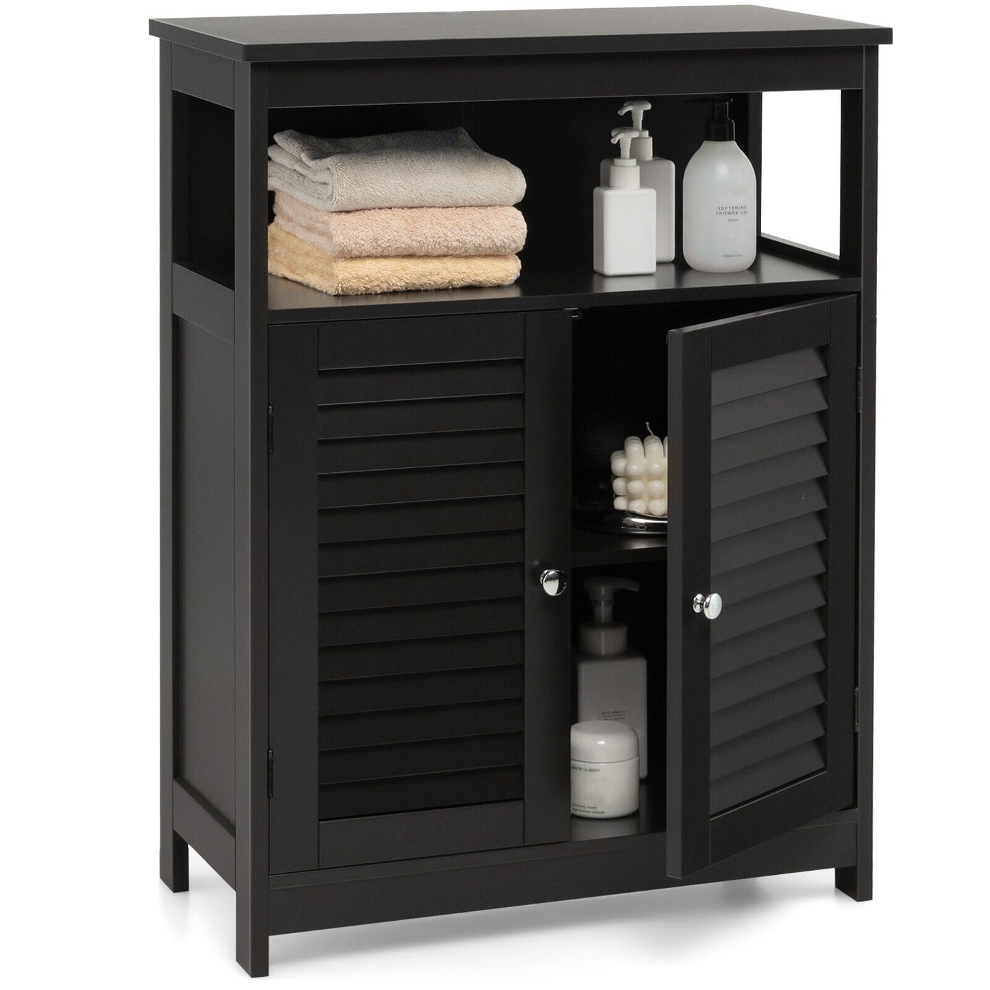 Wooden Freestanding Bathroom Cabinet with Double Shutter Doors for Storage
