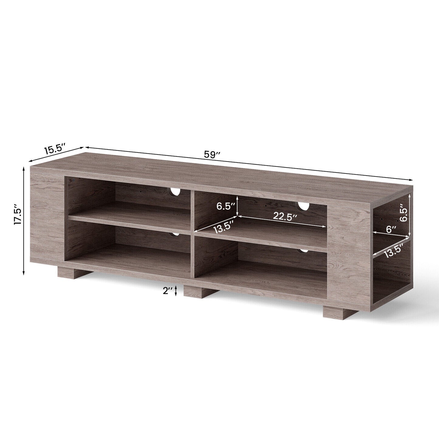 Modern 59 Inch Media Console with Adjustable Open Shelves for TVs up to 65 Inches in Grey
