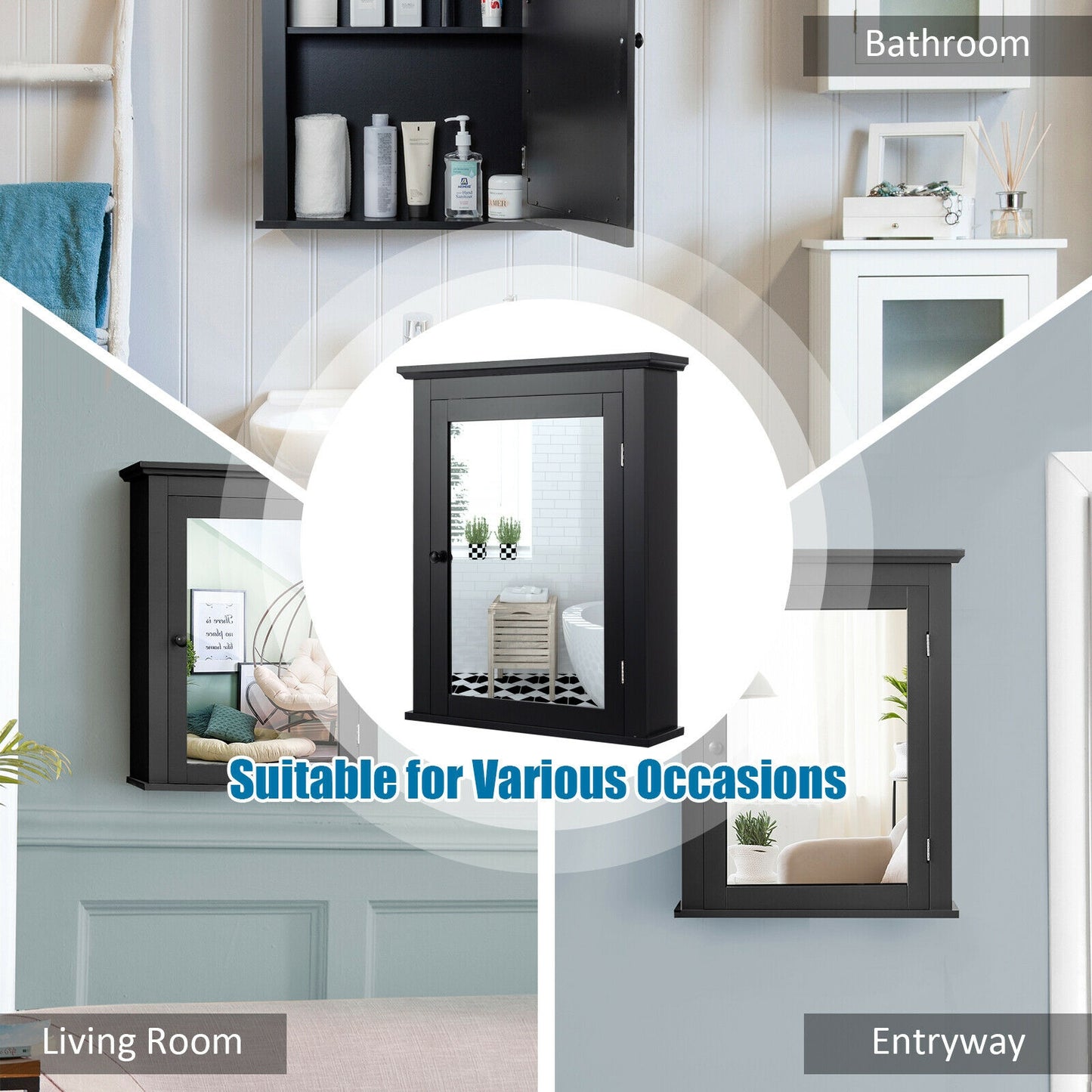 Wall-Mounted Bathroom Mirror Cabinet with Adjustable Shelves