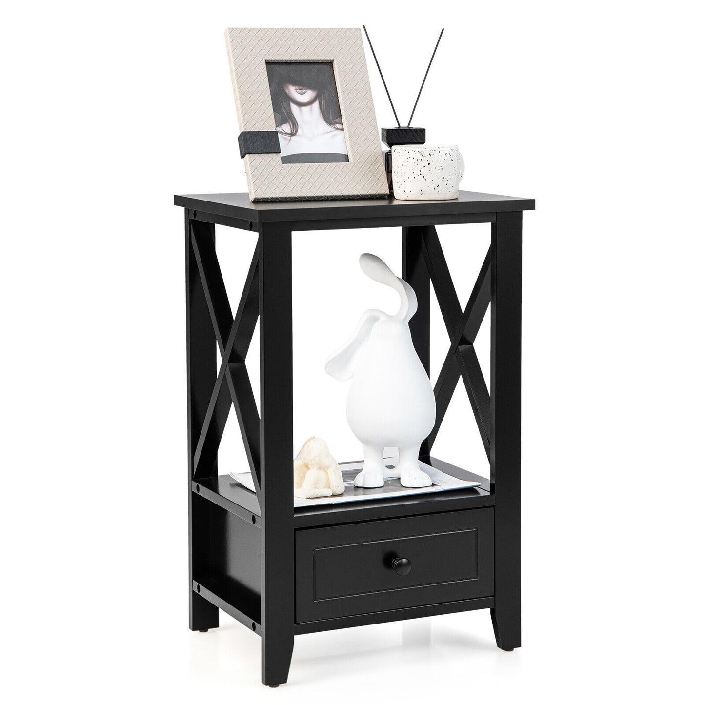 Multifunctional 2-Tier Nightstand with Storage Drawer and Open Shelf – Black, 16 x 14 Inch