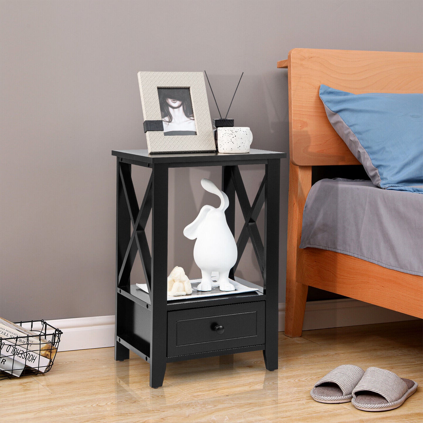 Multifunctional 2-Tier Nightstand with Storage Drawer and Open Shelf – Black, 16 x 14 Inch