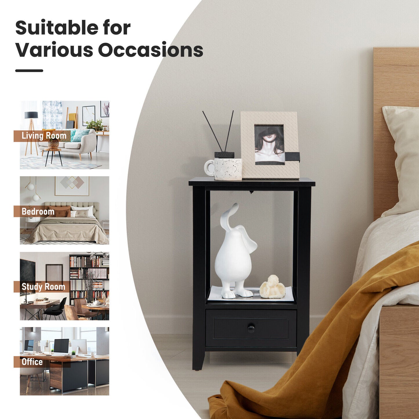 Multifunctional 2-Tier Nightstand with Storage Drawer and Open Shelf – Black, 16 x 14 Inch