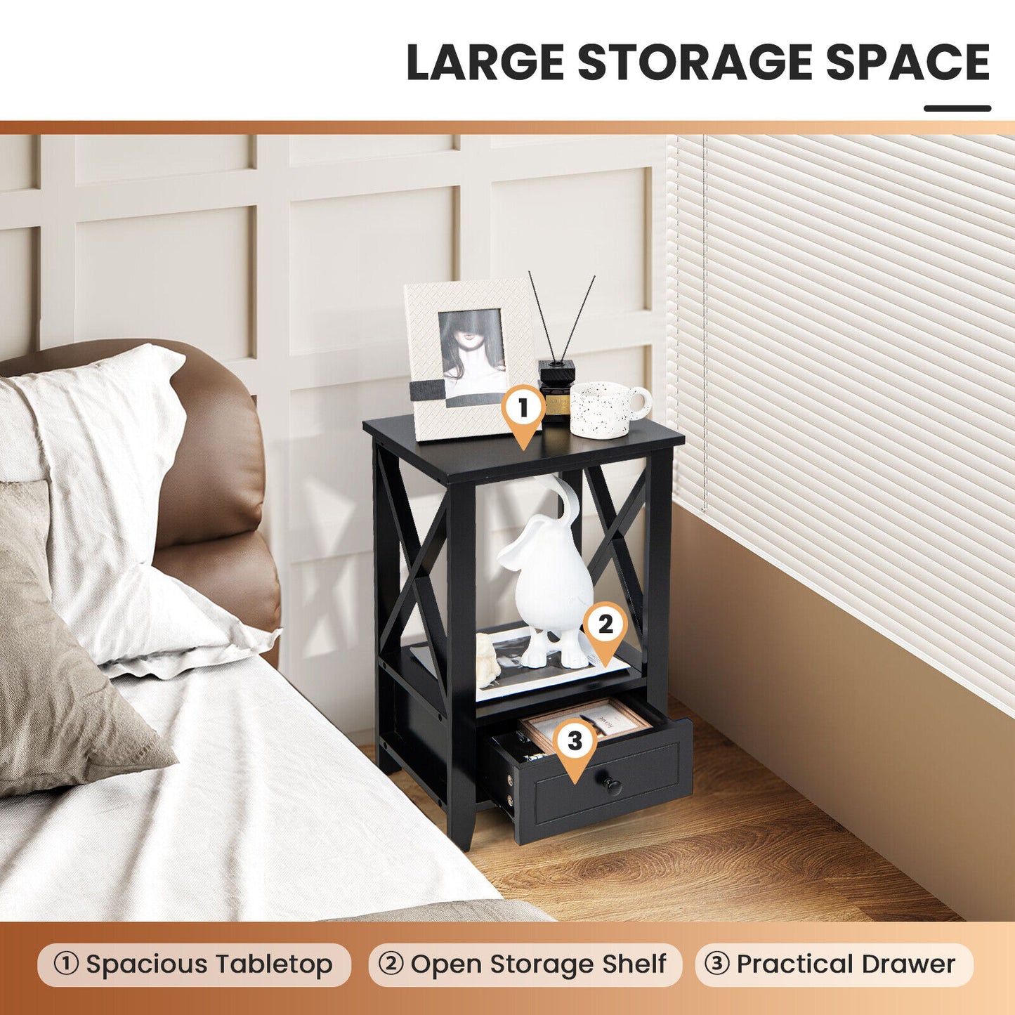 Multifunctional 2-Tier Nightstand with Storage Drawer and Open Shelf – Black, 16 x 14 Inch