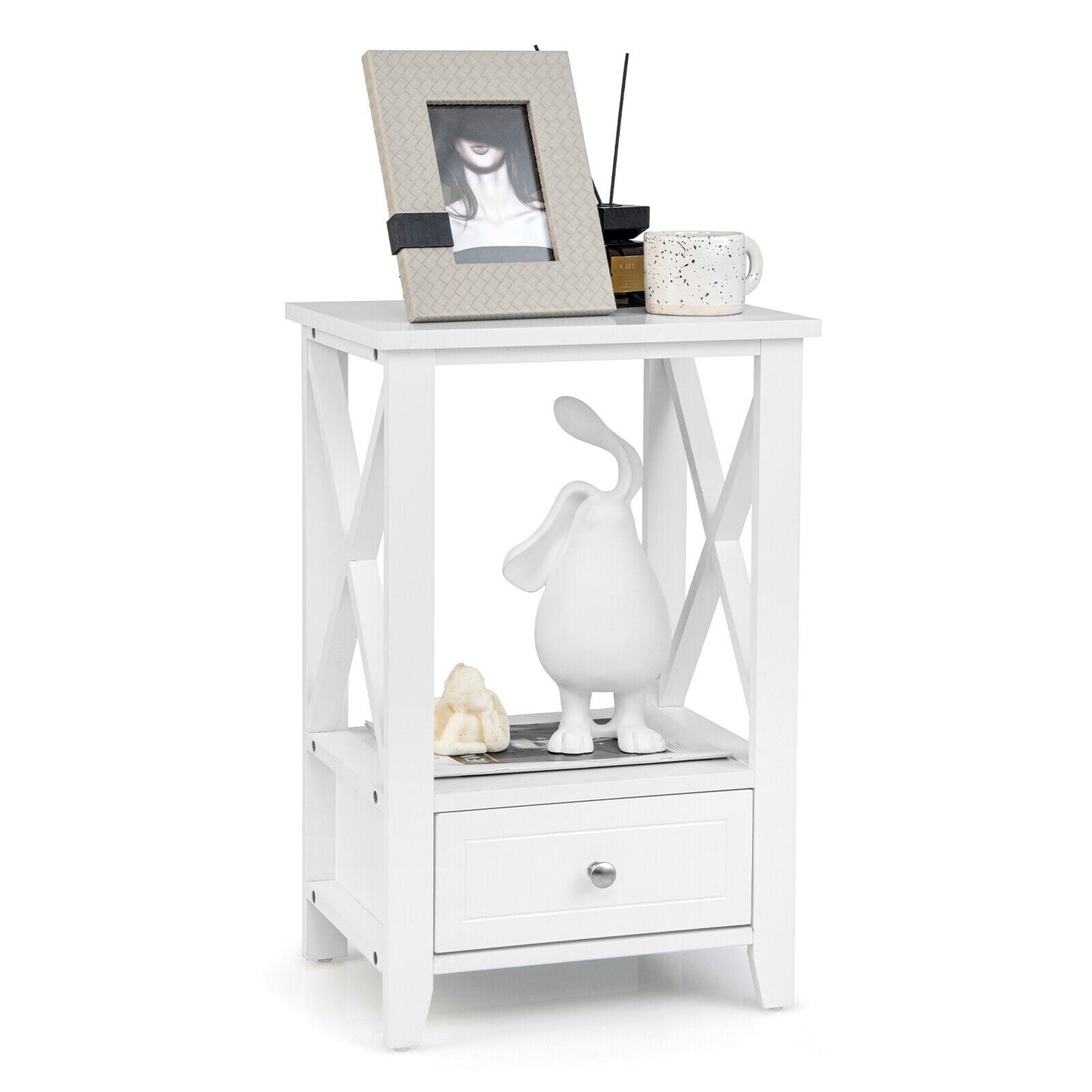 Multifunctional 2-Tier Nightstand with Storage Drawer and Open Shelf – White, 16 x 14 Inch