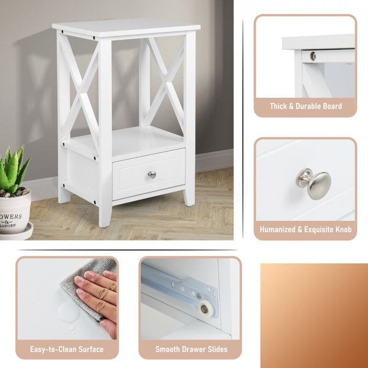 Multifunctional 2-Tier Nightstand with Storage Drawer and Open Shelf – White, 16 x 14 Inch