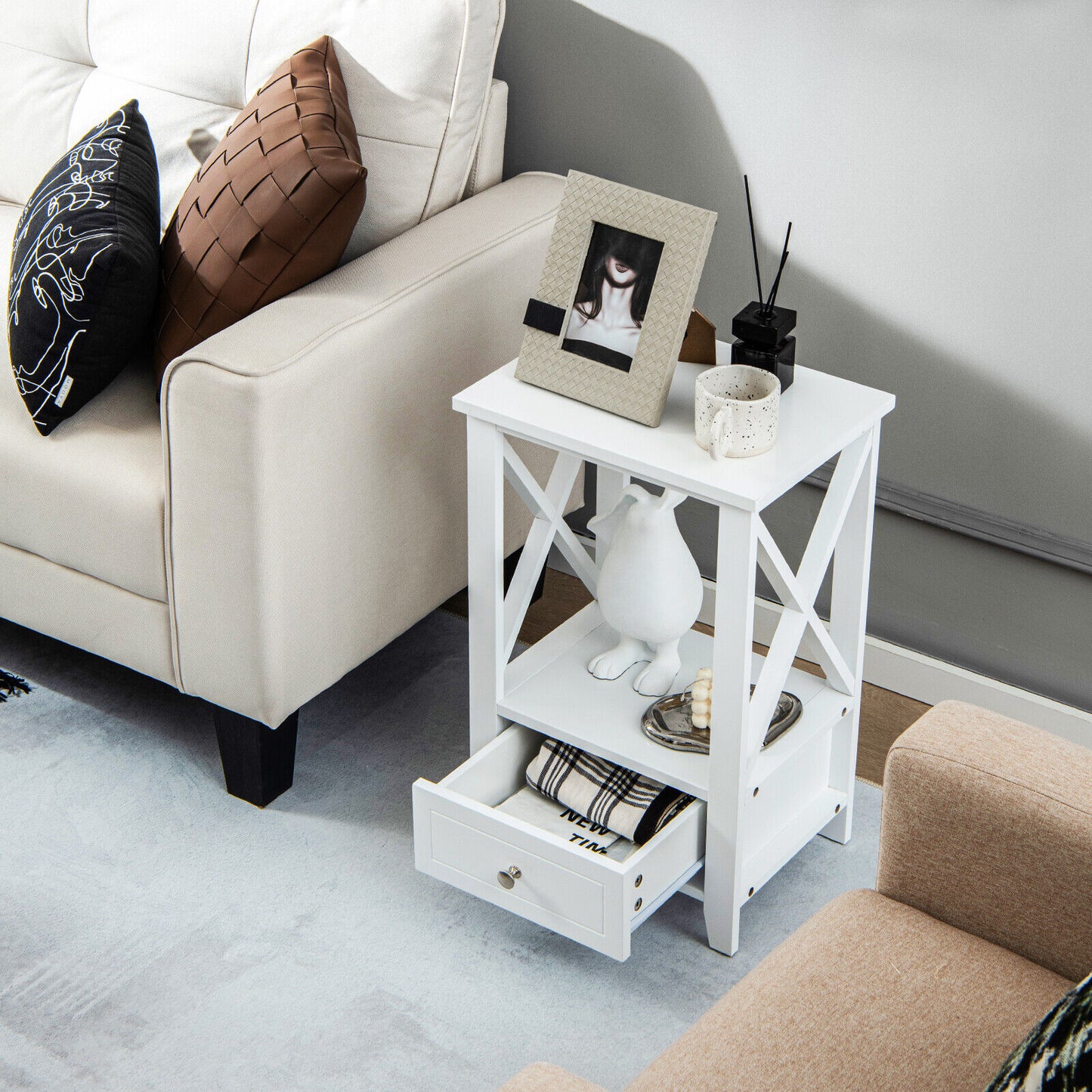Multifunctional 2-Tier Nightstand with Storage Drawer and Open Shelf – White, 16 x 14 Inch