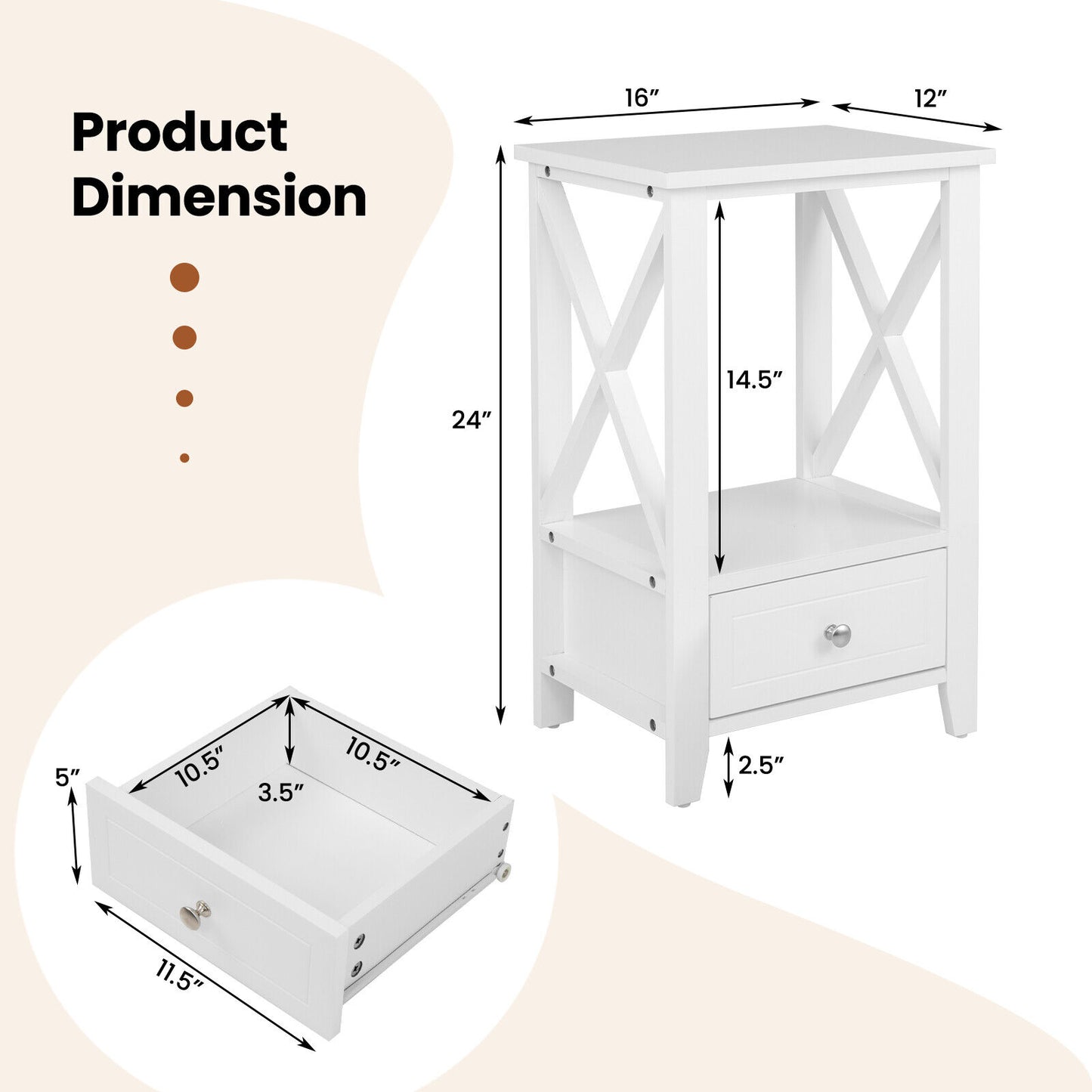 Multifunctional 2-Tier Nightstand with Storage Drawer and Open Shelf – White, 16 x 14 Inch