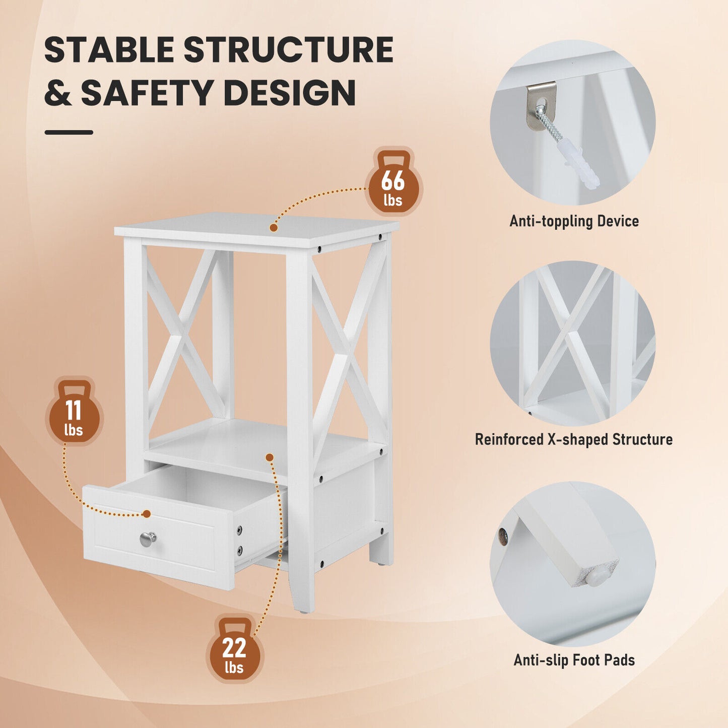 Multifunctional 2-Tier Nightstand with Storage Drawer and Open Shelf – White, 16 x 14 Inch