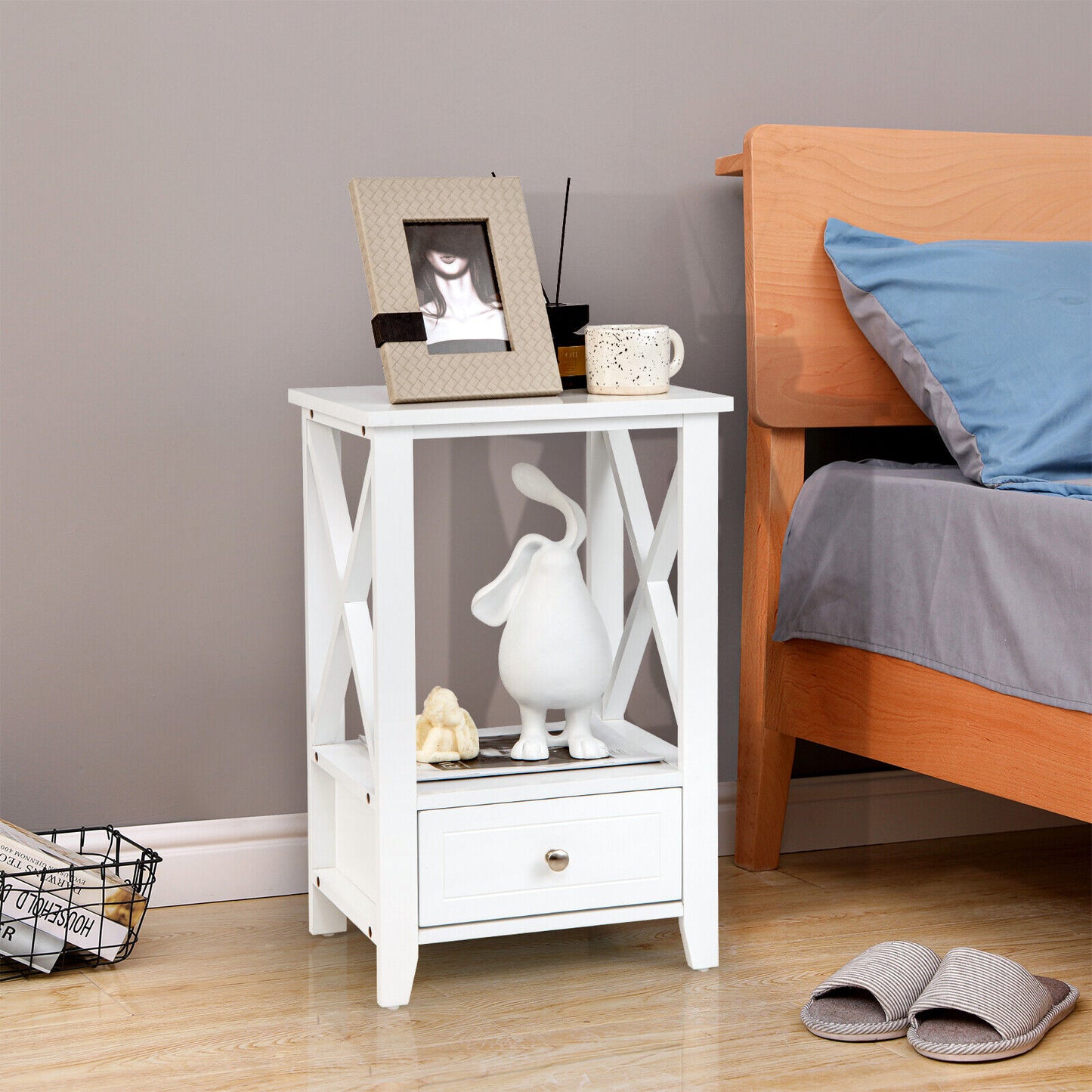 Multifunctional 2-Tier Nightstand with Storage Drawer and Open Shelf – White, 16 x 14 Inch