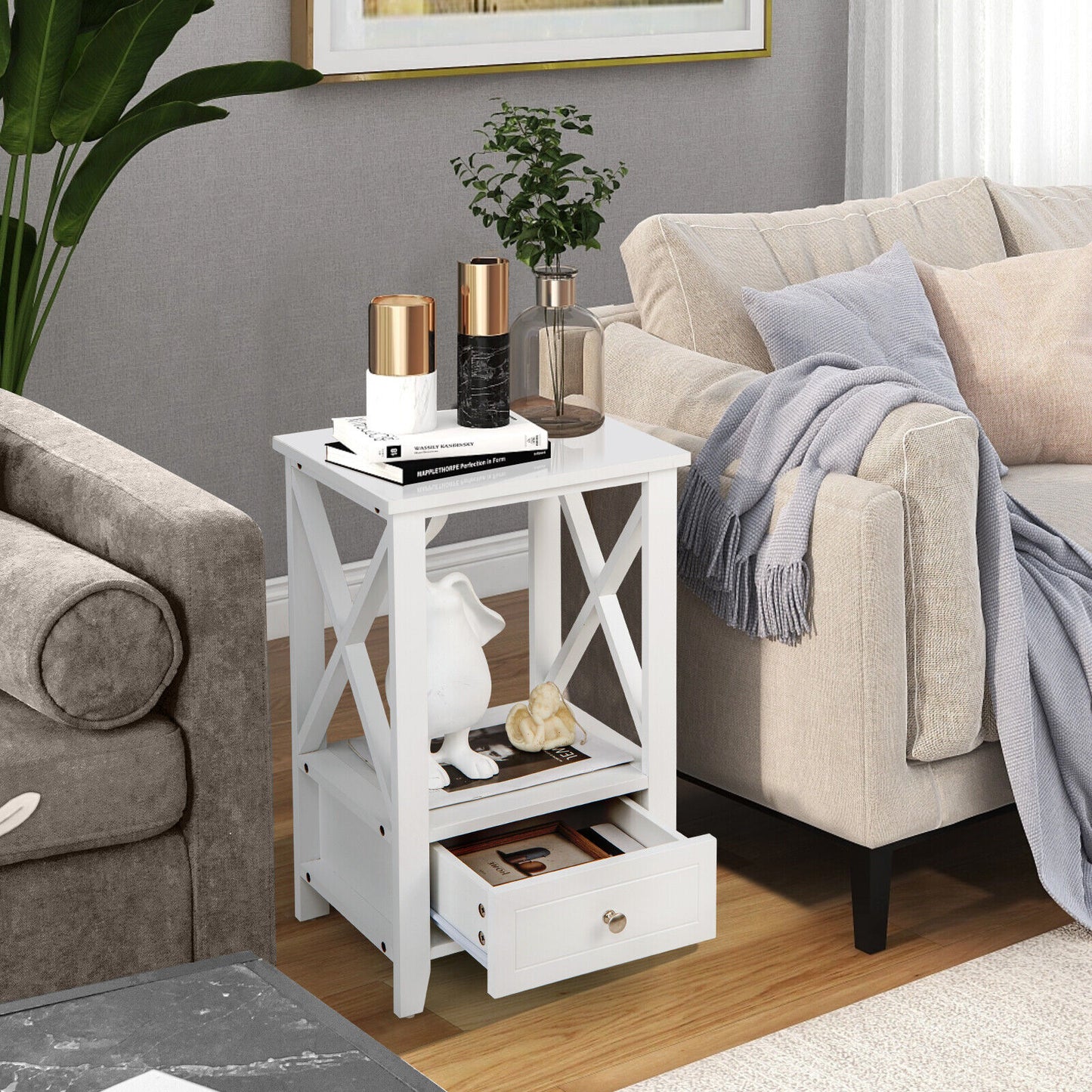 Multifunctional 2-Tier Nightstand with Storage Drawer and Open Shelf – White, 16 x 14 Inch