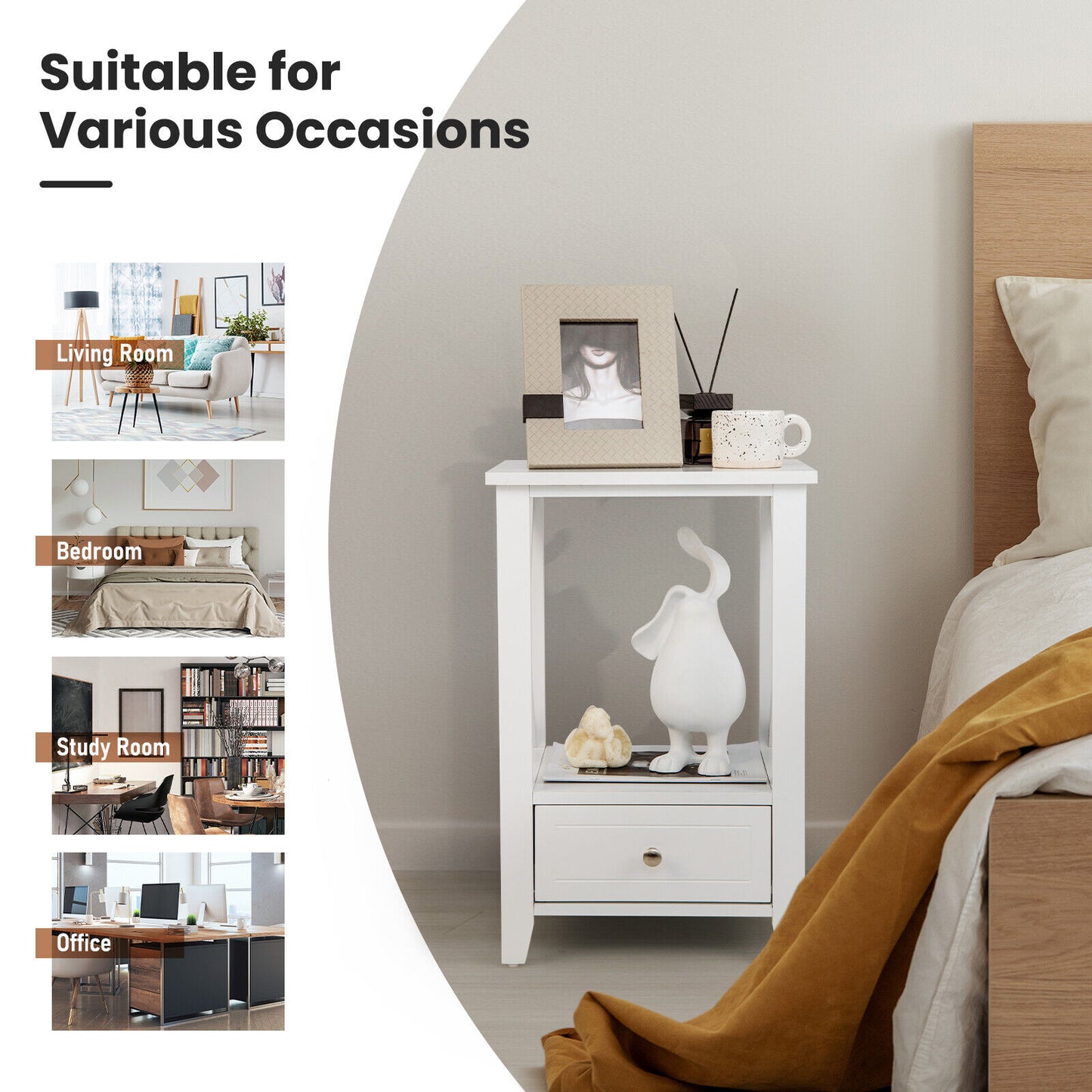 Multifunctional 2-Tier Nightstand with Storage Drawer and Open Shelf – White, 16 x 14 Inch