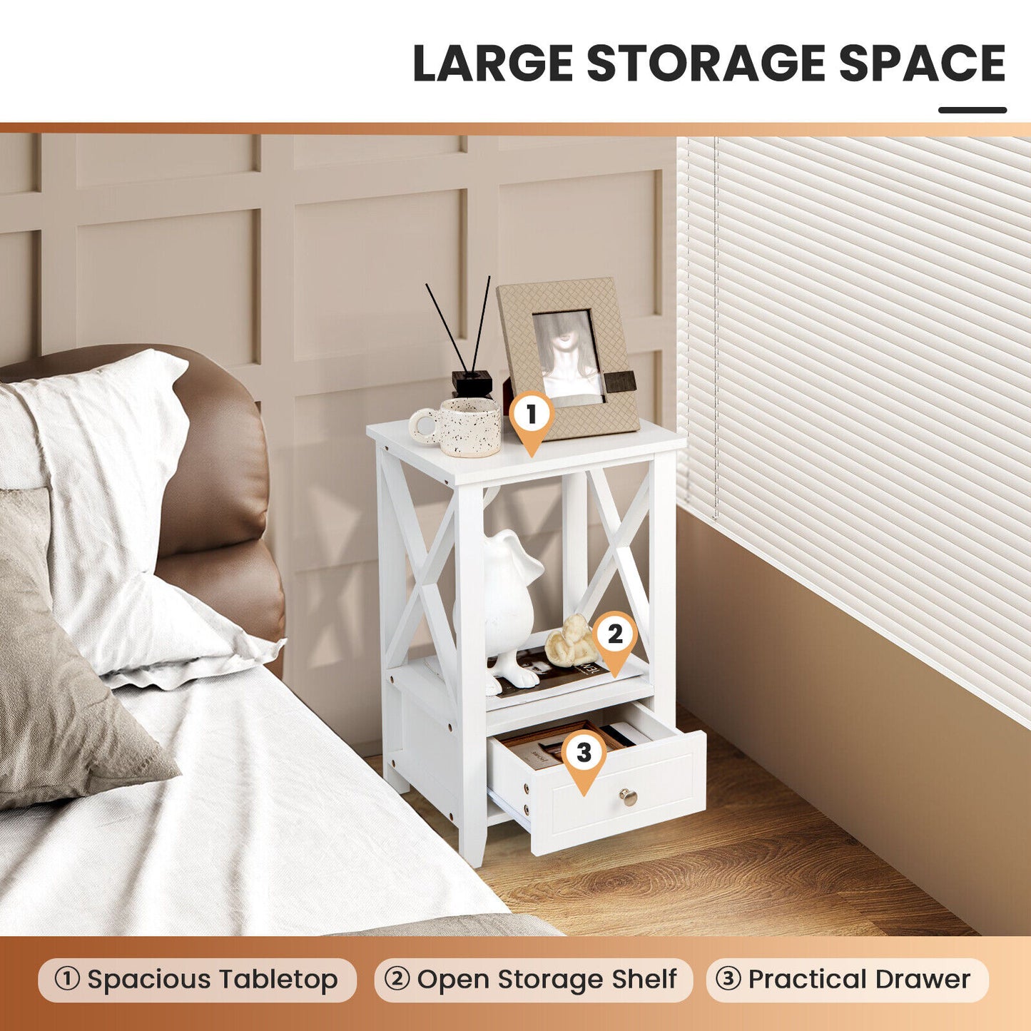 Multifunctional 2-Tier Nightstand with Storage Drawer and Open Shelf – White, 16 x 14 Inch