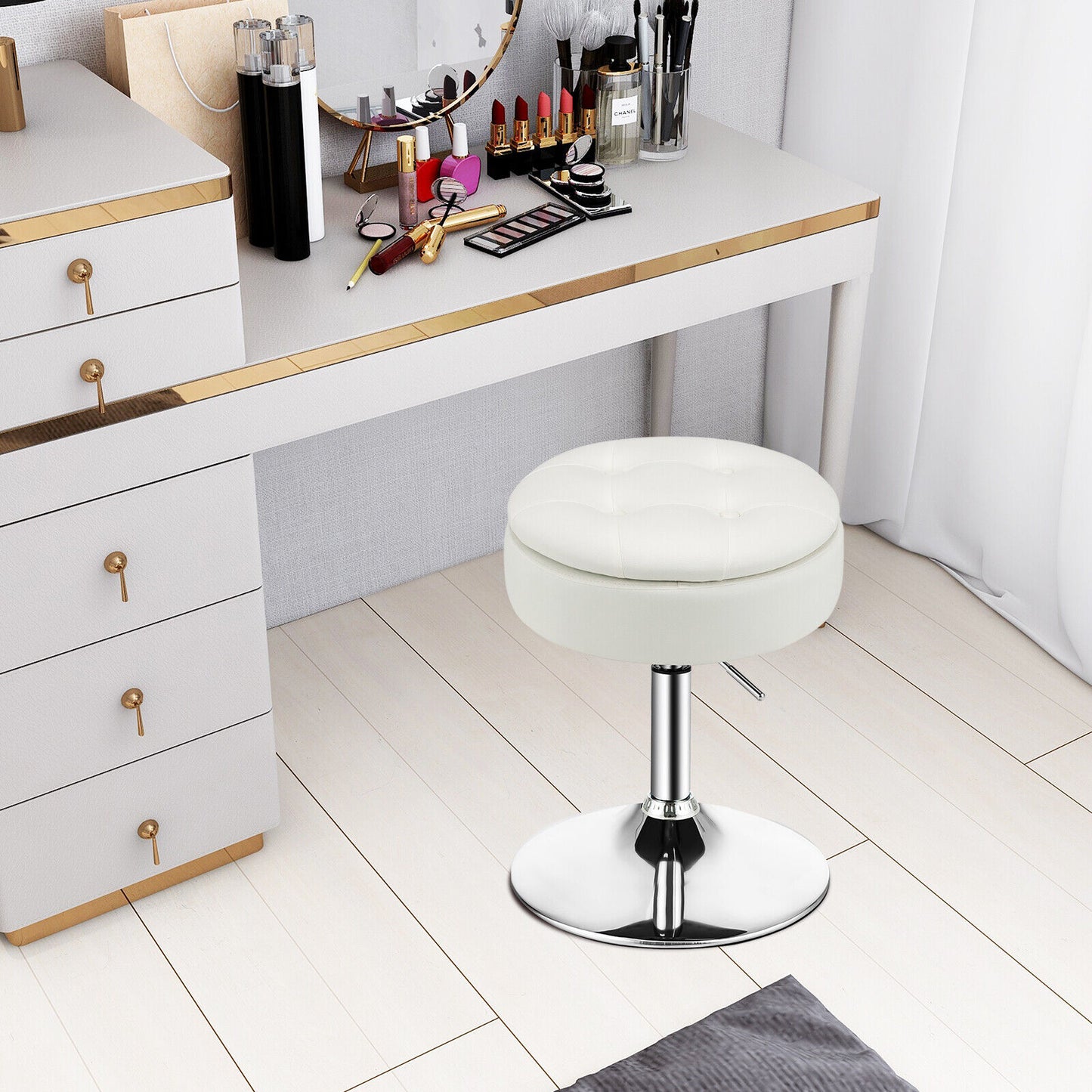 Stool with Hidden Storage, Adjustable Height, 360° Swivel Seat, Removable Tray Top - White