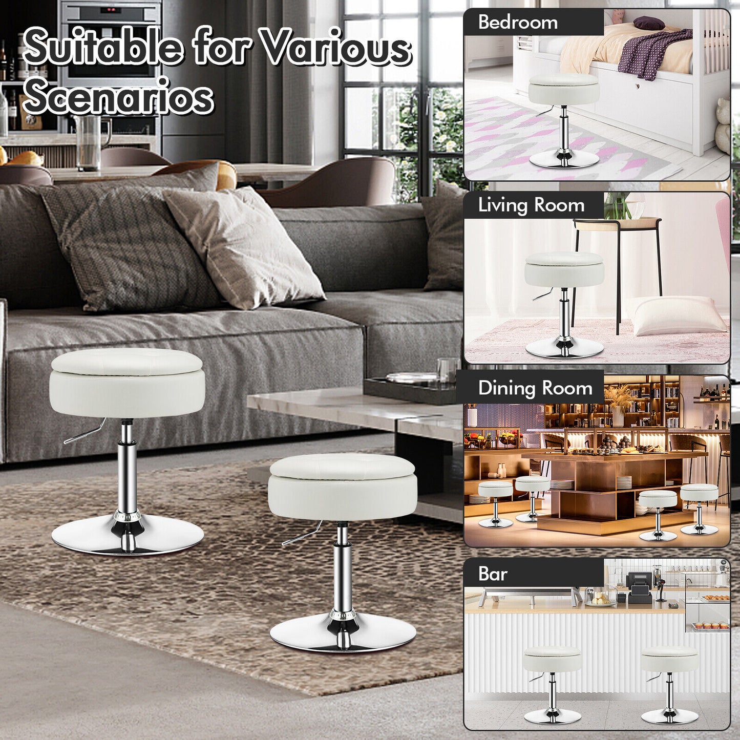 Stool with Hidden Storage, Adjustable Height, 360° Swivel Seat, Removable Tray Top - White