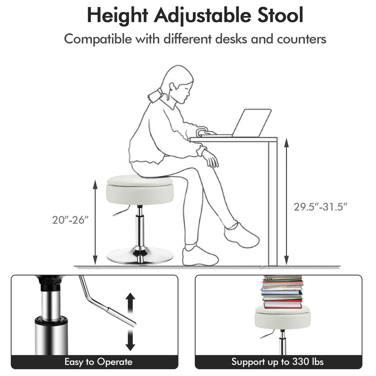 Stool with Hidden Storage, Adjustable Height, 360° Swivel Seat, Removable Tray Top - White