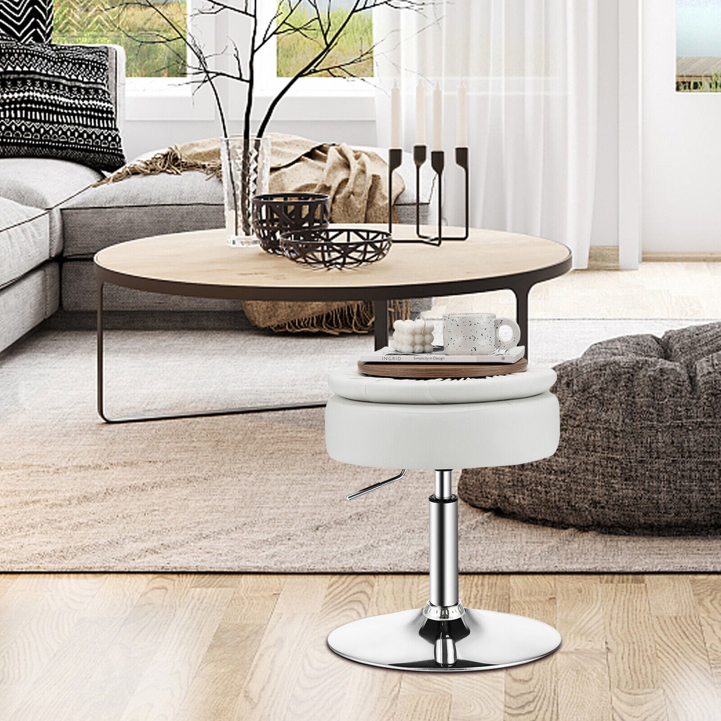 Stool with Hidden Storage, Adjustable Height, 360° Swivel Seat, Removable Tray Top - White