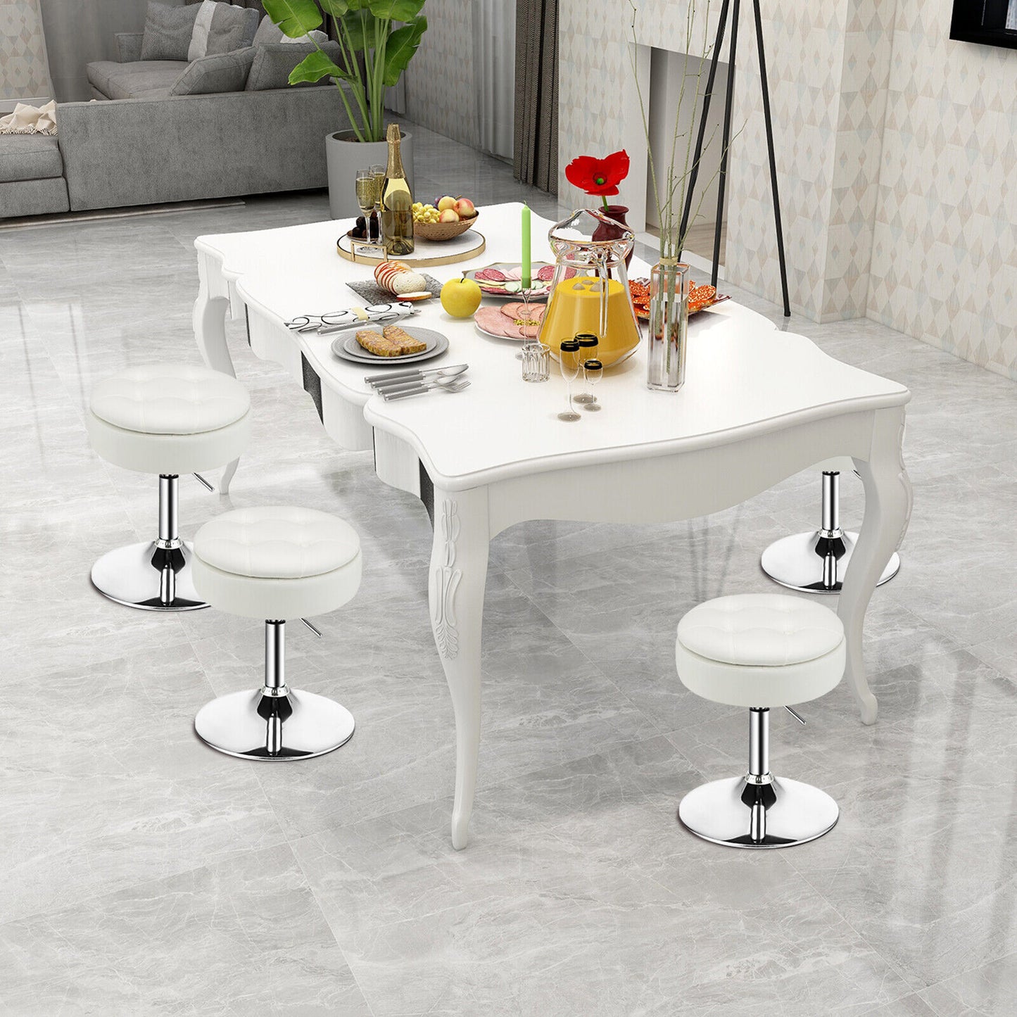 Stool with Hidden Storage, Adjustable Height, 360° Swivel Seat, Removable Tray Top - White