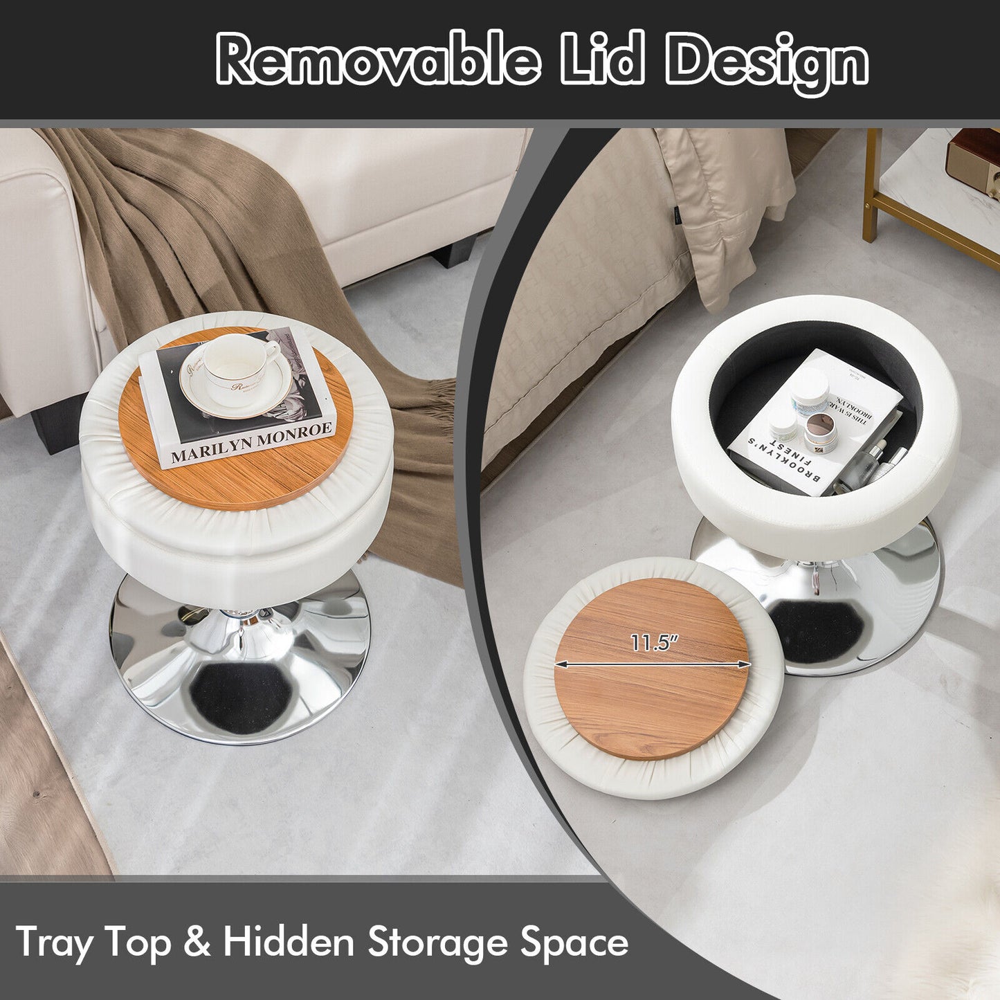 Stool with Hidden Storage, Adjustable Height, 360° Swivel Seat, Removable Tray Top - White