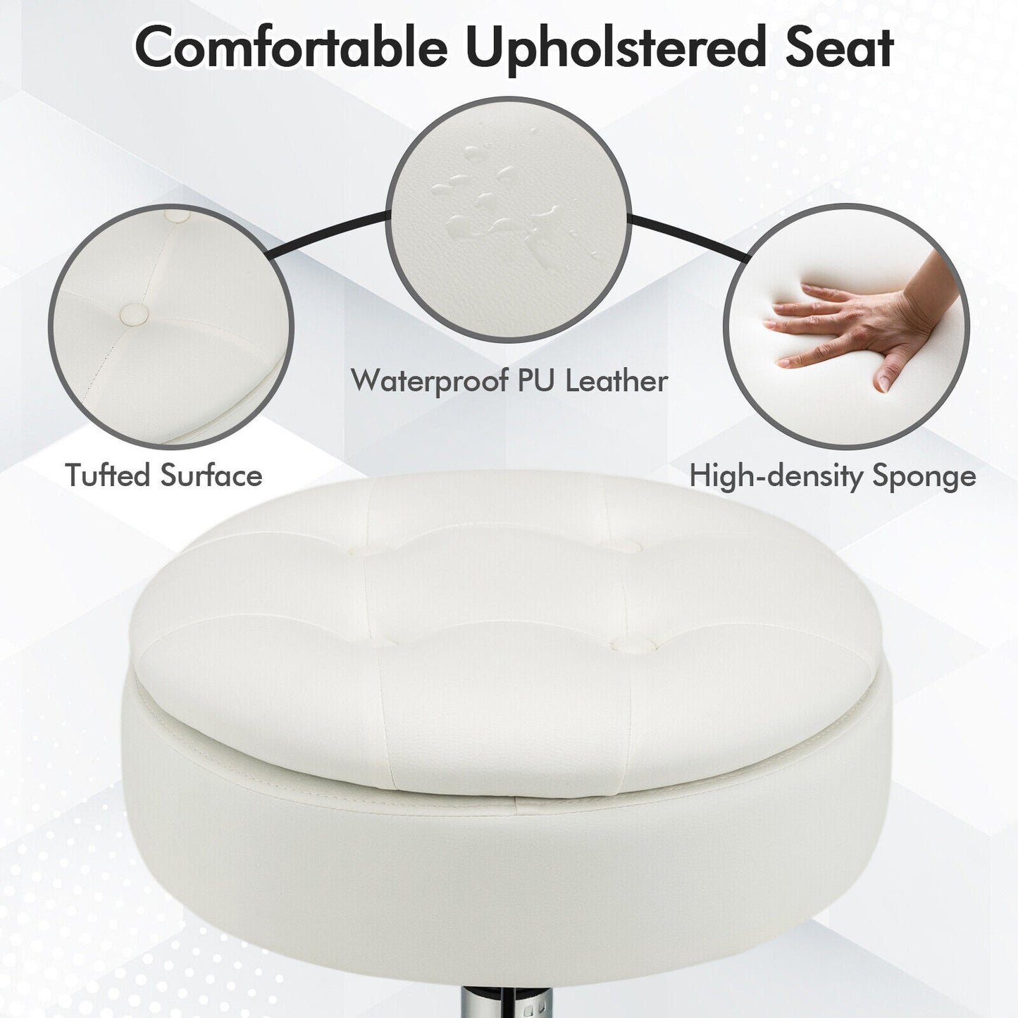 Stool with Hidden Storage, Adjustable Height, 360° Swivel Seat, Removable Tray Top - White
