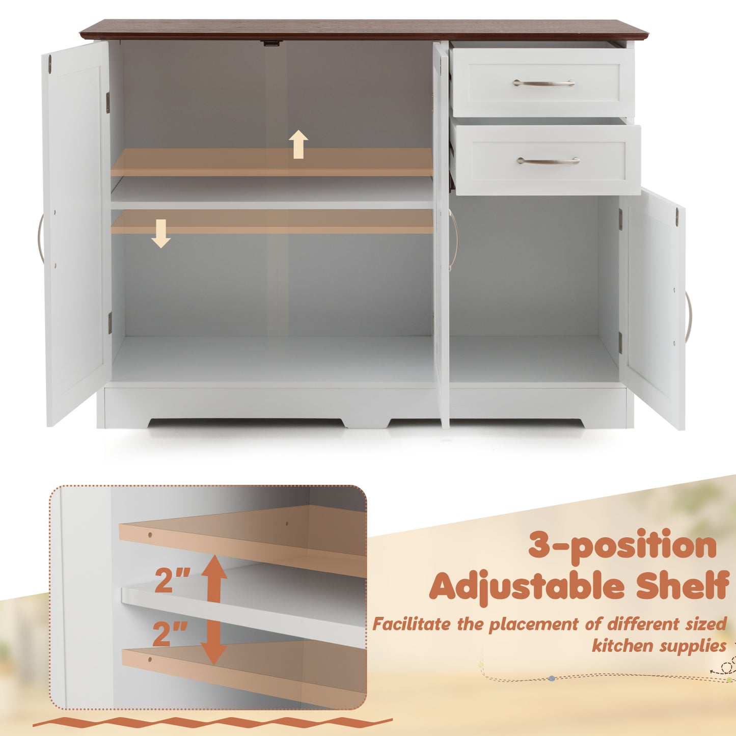 Modern Buffet Sideboard Cabinet with 2 Drawers and Adjustable Storage for Kitchen or Dining Room - White