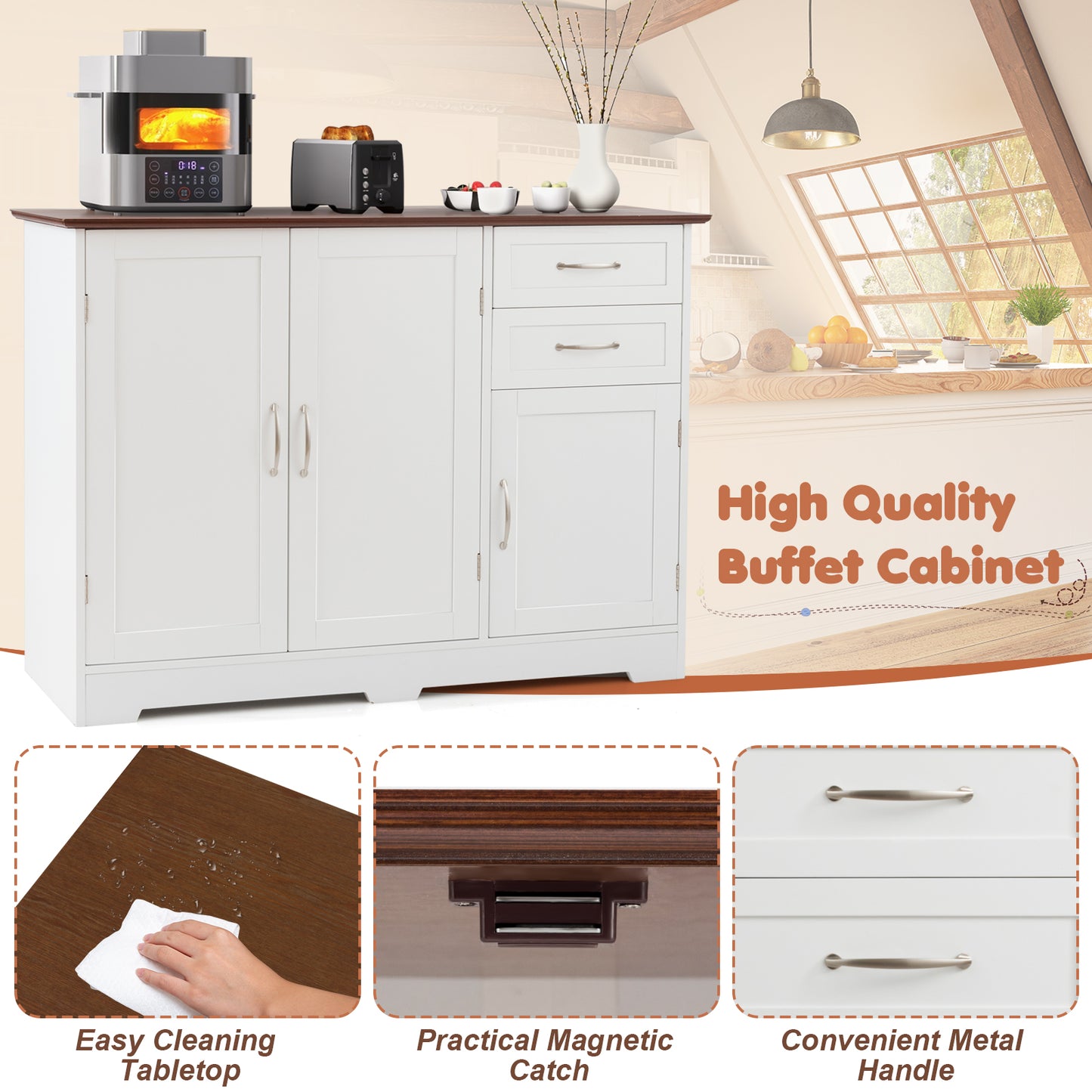 Modern Buffet Sideboard Cabinet with 2 Drawers and Adjustable Storage for Kitchen or Dining Room - White