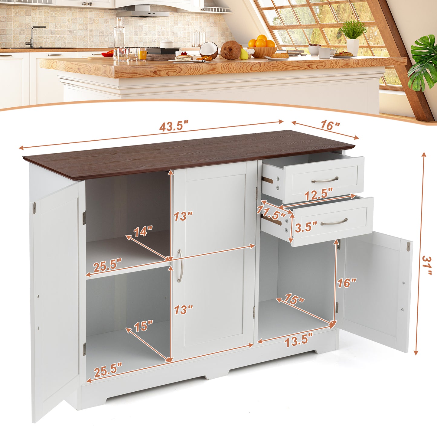 Modern Buffet Sideboard Cabinet with 2 Drawers and Adjustable Storage for Kitchen or Dining Room - White