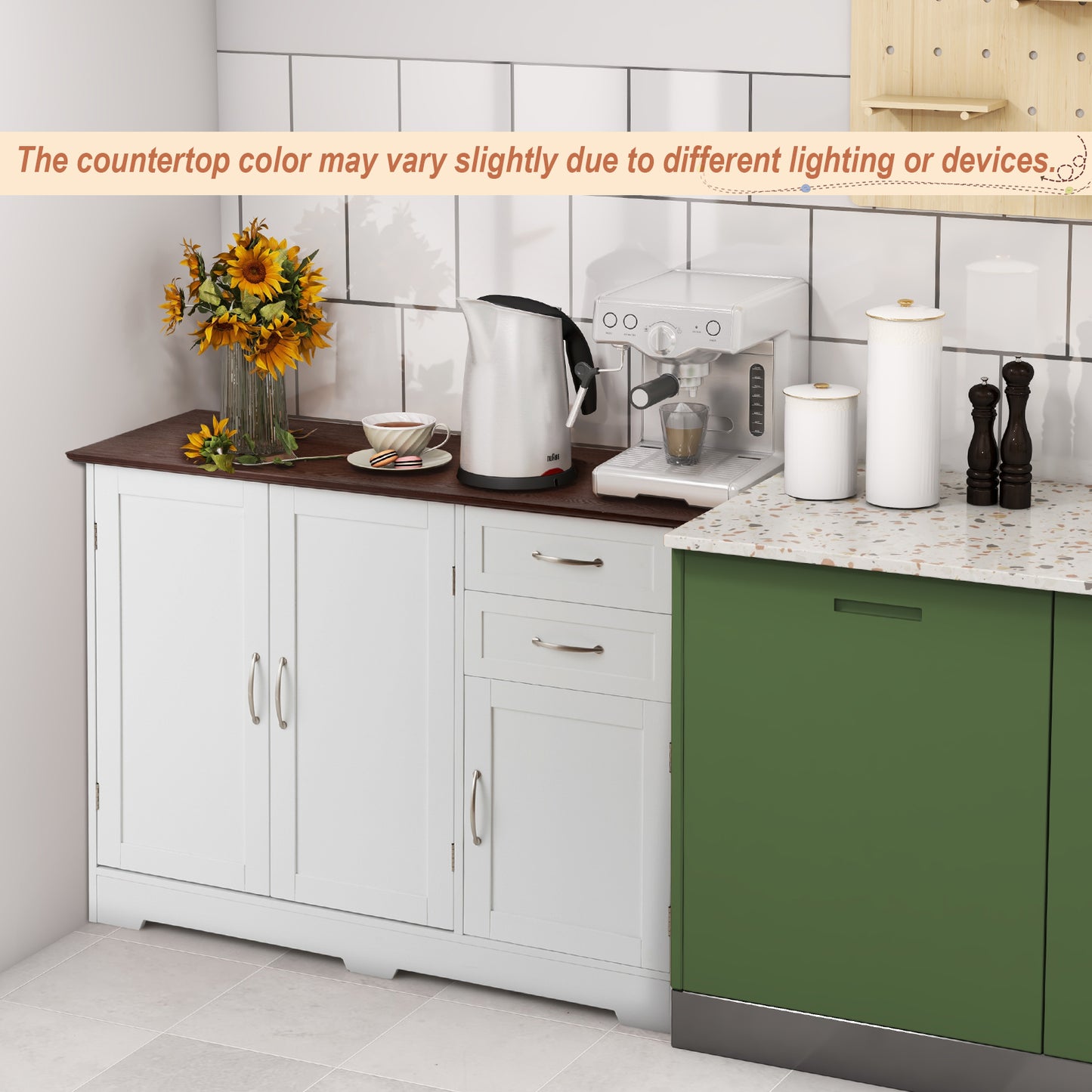 Modern Buffet Sideboard Cabinet with 2 Drawers and Adjustable Storage for Kitchen or Dining Room - White