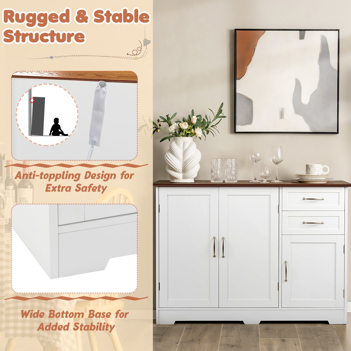 Modern Buffet Sideboard Cabinet with 2 Drawers and Adjustable Storage for Kitchen or Dining Room - White
