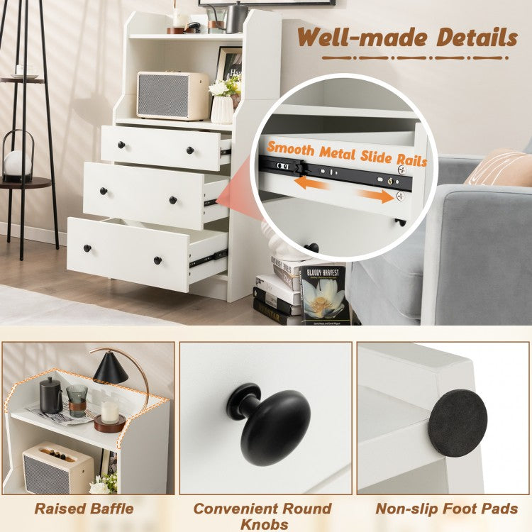 Tall 3 Drawer Storage Cabinet with Open Shelves and Anti-Tip Safety in White