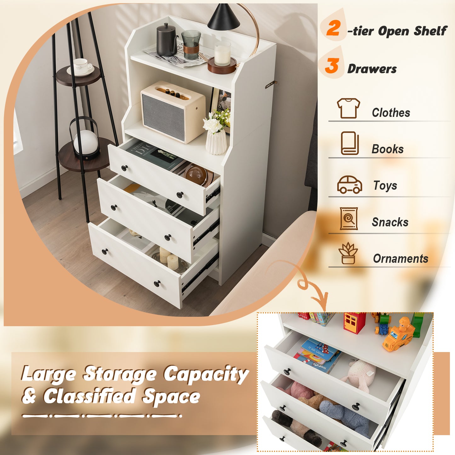 Tall 3 Drawer Storage Cabinet with Open Shelves and Anti-Tip Safety in White