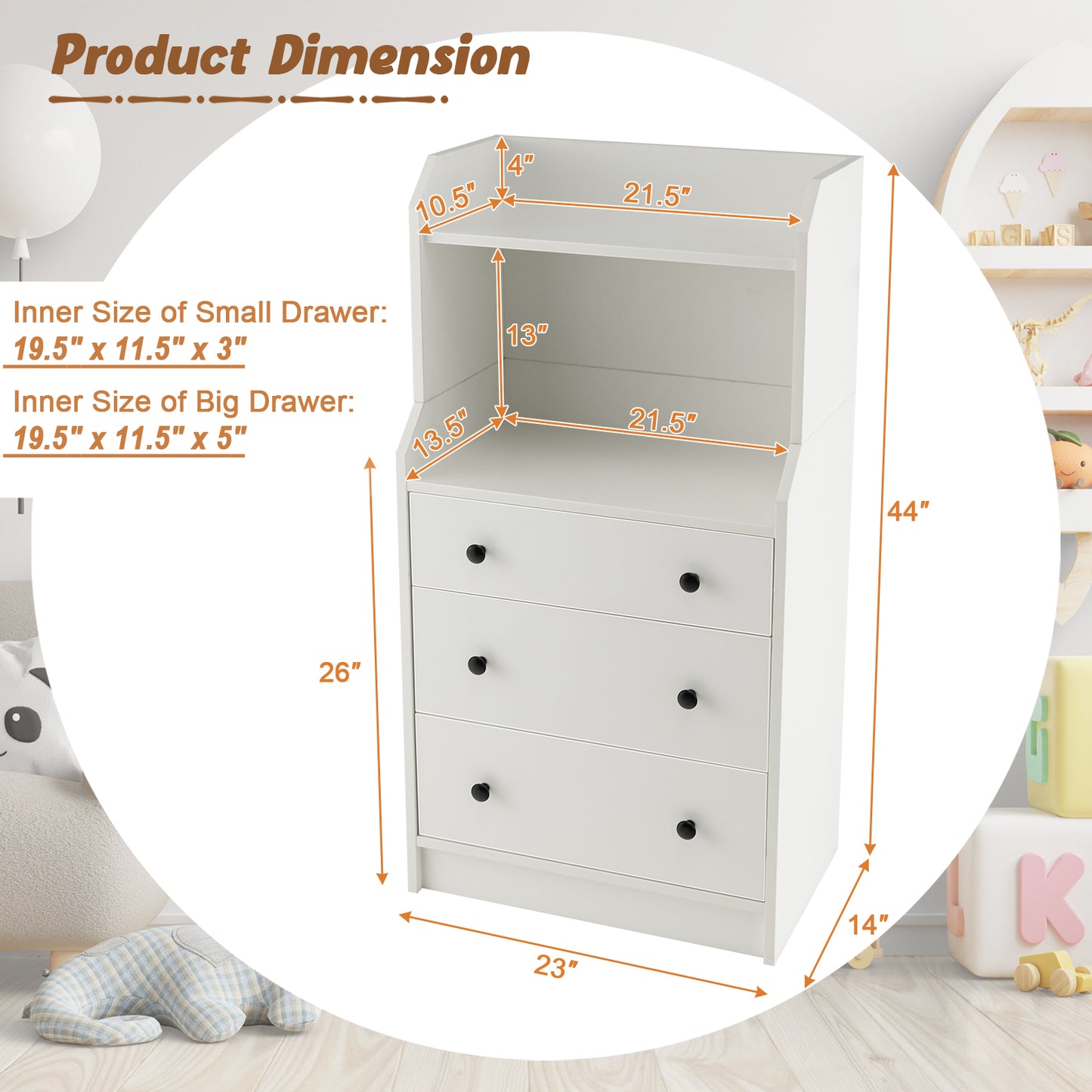 Tall 3 Drawer Storage Cabinet with Open Shelves and Anti-Tip Safety in White