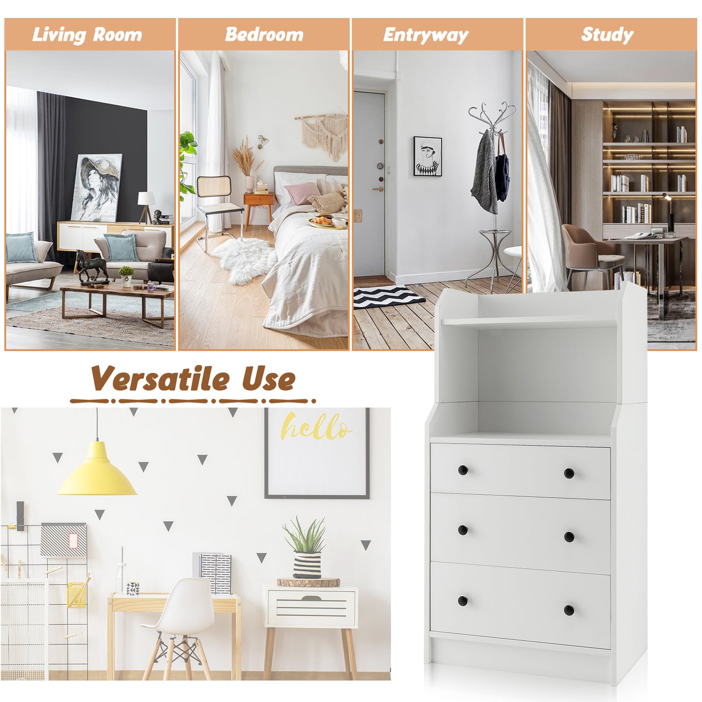 Tall 3 Drawer Storage Cabinet with Open Shelves and Anti-Tip Safety in White