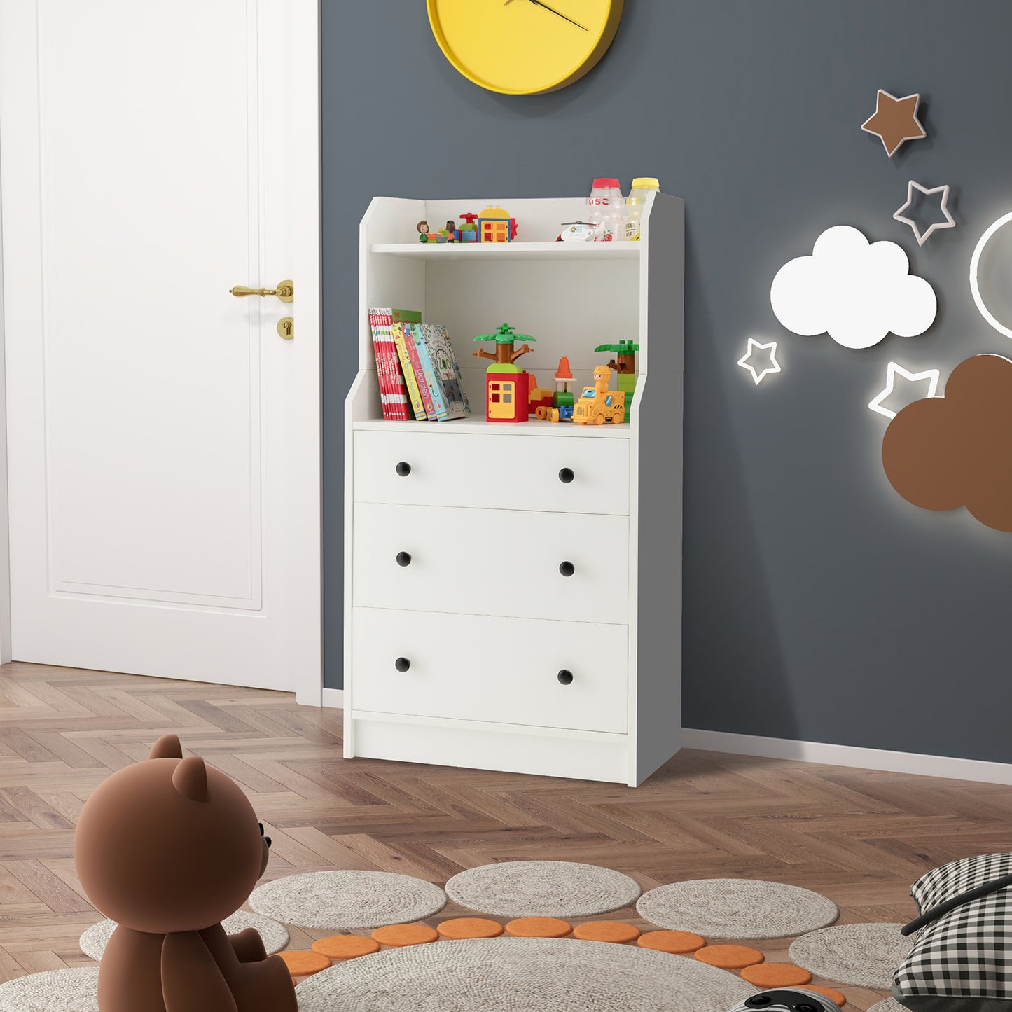 Tall 3 Drawer Storage Cabinet with Open Shelves and Anti-Tip Safety in White