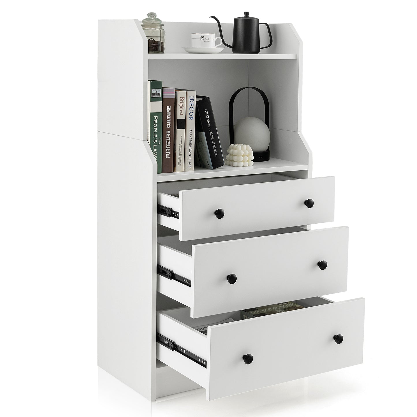 Tall 3 Drawer Storage Cabinet with Open Shelves and Anti-Tip Safety in White