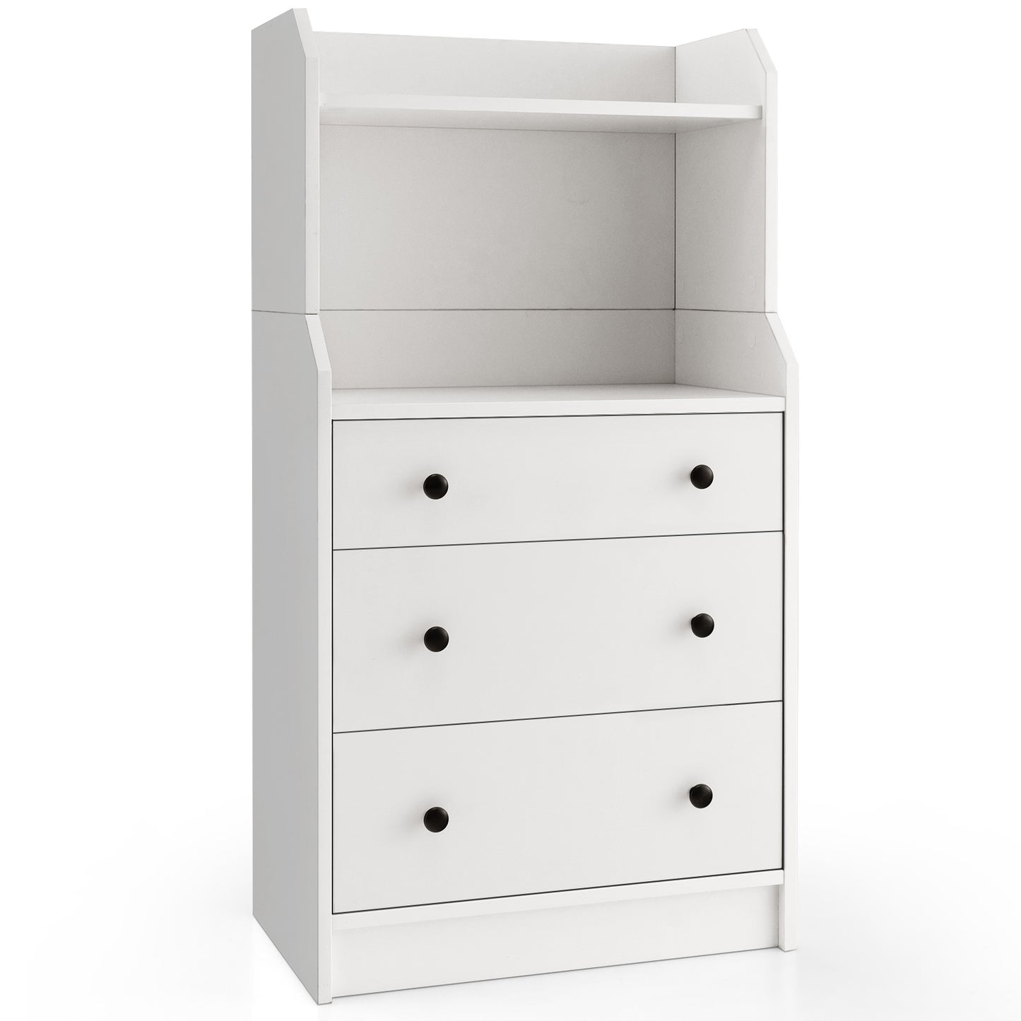 Tall 3 Drawer Storage Cabinet with Open Shelves and Anti-Tip Safety in White