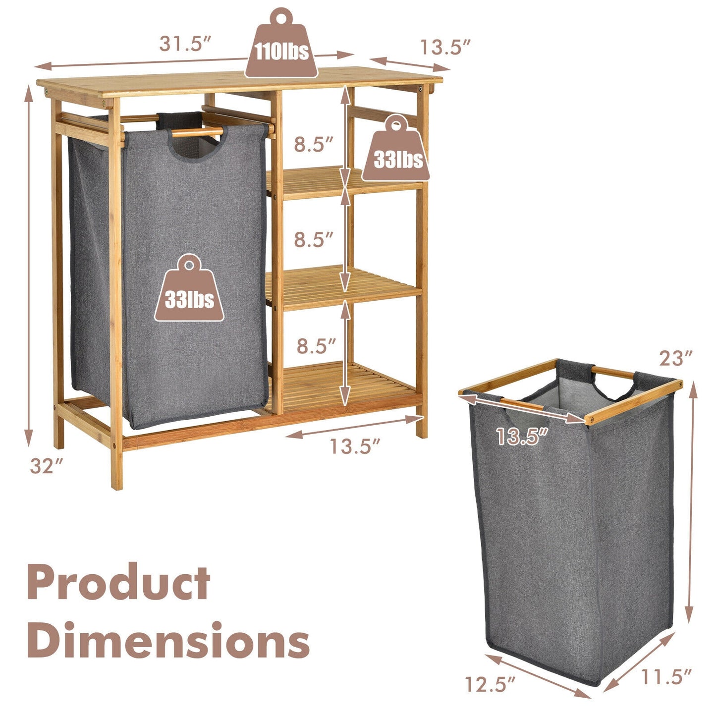 Natural Bamboo Laundry Hamper Stand with Removable Bag & 3 Tier Shelves