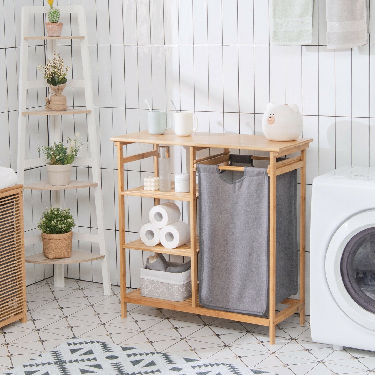 Natural Bamboo Laundry Hamper Stand with Removable Bag & 3 Tier Shelves