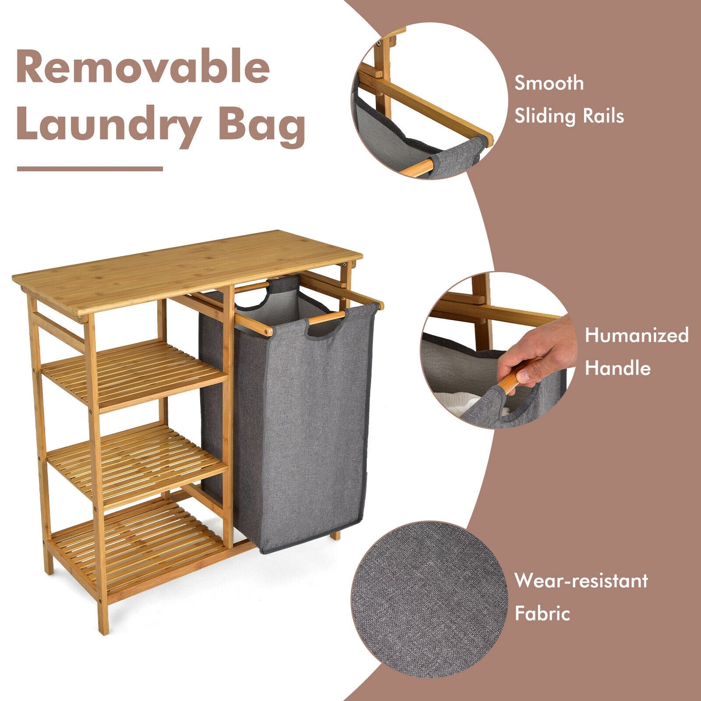 Natural Bamboo Laundry Hamper Stand with Removable Bag & 3 Tier Shelves