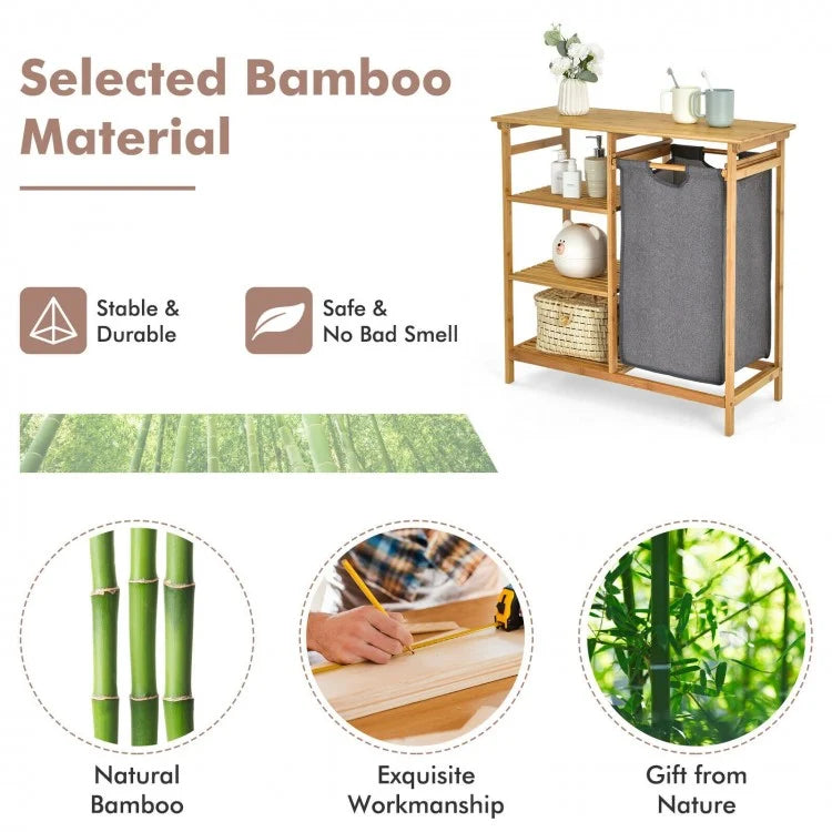 Natural Bamboo Laundry Hamper Stand with Removable Bag & 3 Tier Shelves