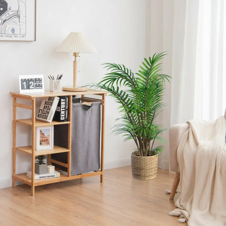 Natural Bamboo Laundry Hamper Stand with Removable Bag & 3 Tier Shelves