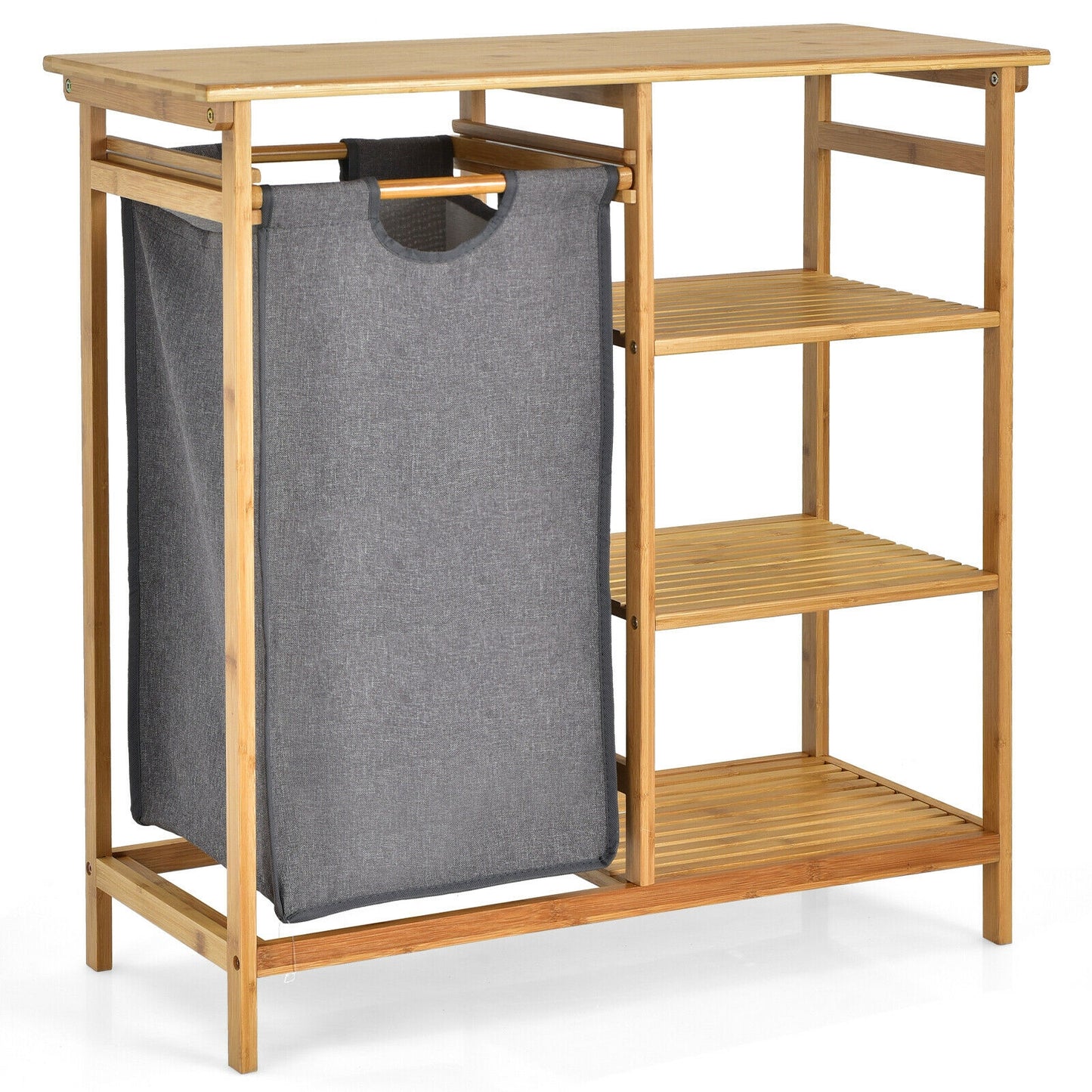 Natural Bamboo Laundry Hamper Stand with Removable Bag & 3 Tier Shelves