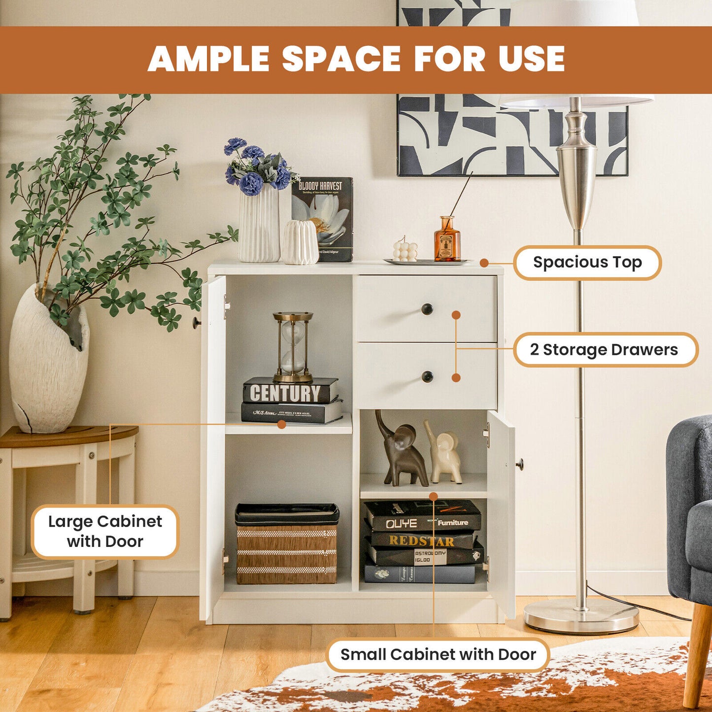 Modern 2 Door Freestanding Sideboard with Adjustable Shelves for Ample Storage