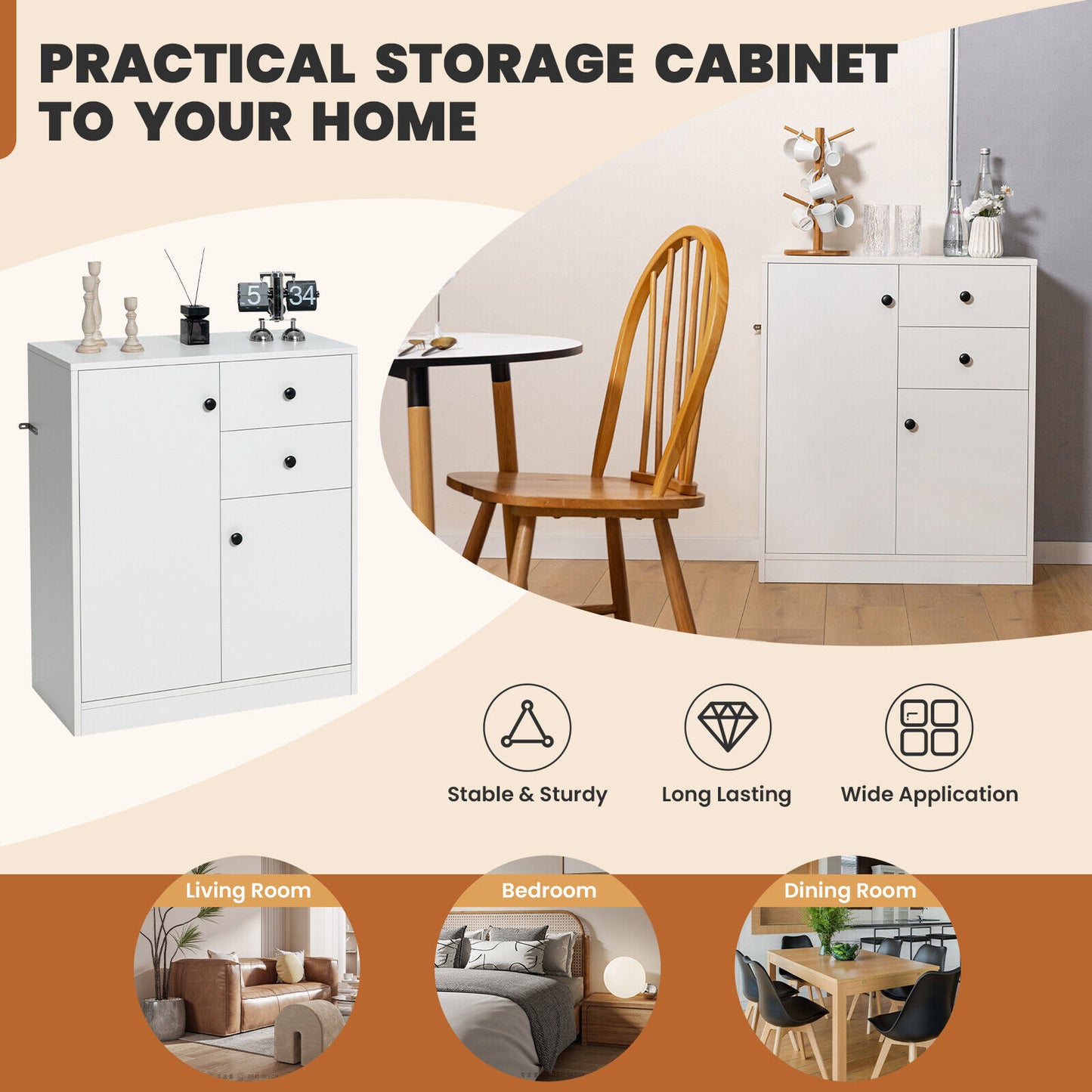 Modern 2 Door Freestanding Sideboard with Adjustable Shelves for Ample Storage