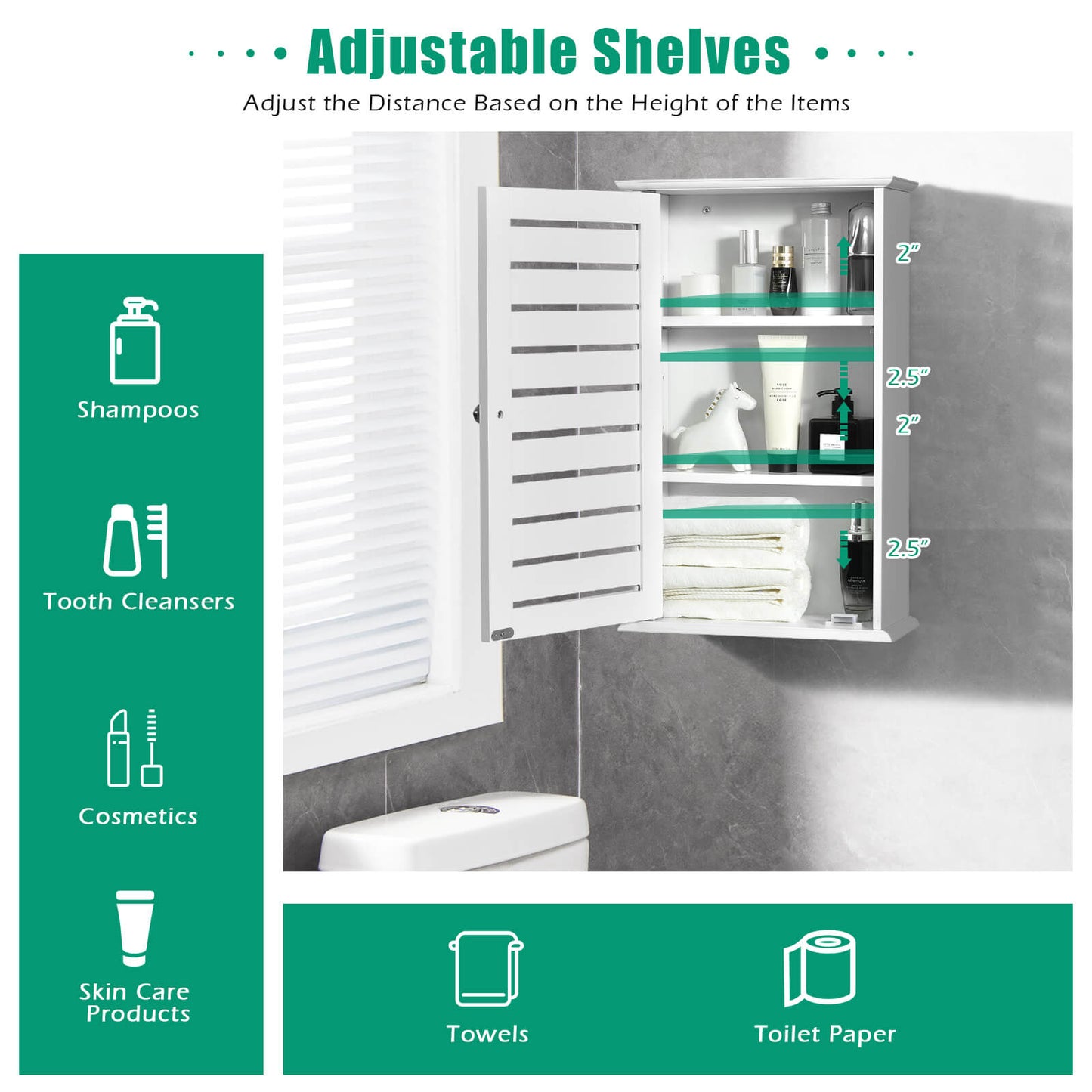 Wall-Mounted Medicine Cabinet with Adjustable Shelves and Louver Door
