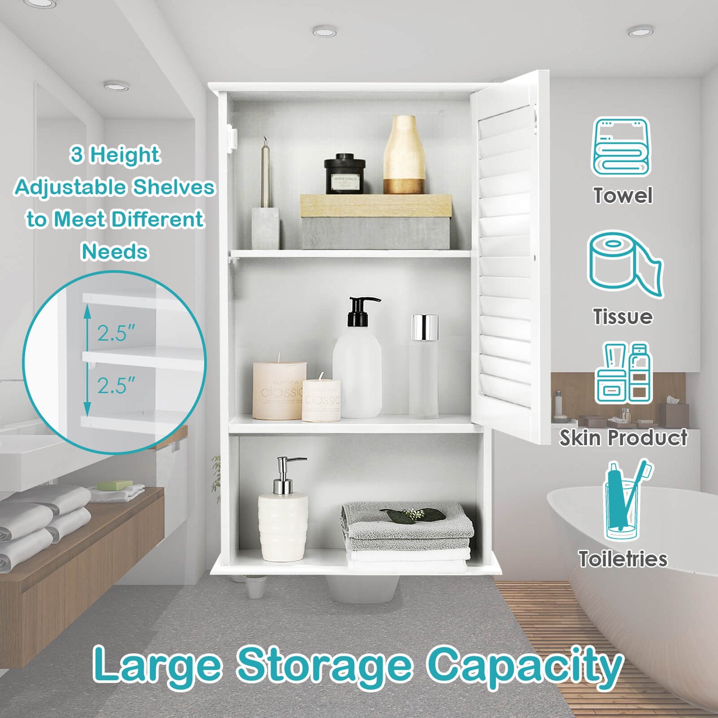 Modern Wall-Mounted Bathroom Storage Cabinet with Louver Door