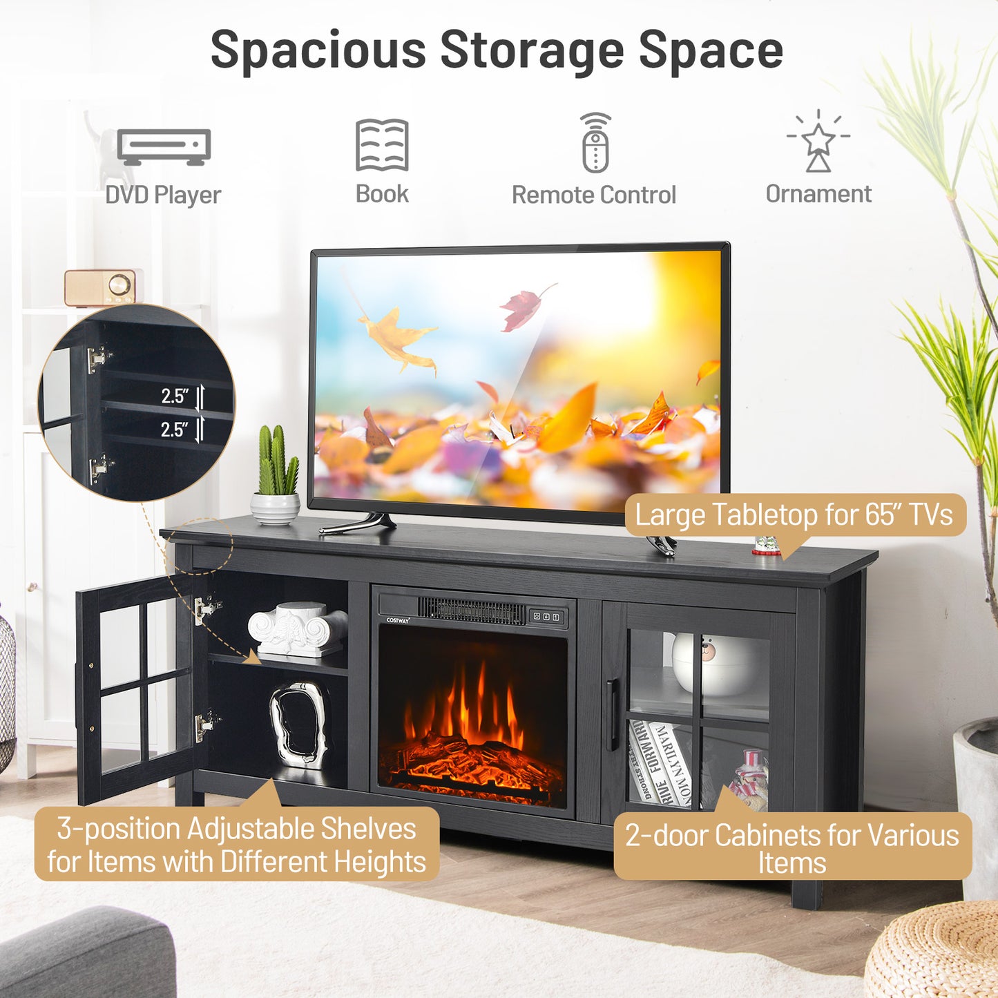 Modern 58 Inch TV Stand with Electric Fireplace and Adjustable Storage for TVs up to 65 Inches - Black