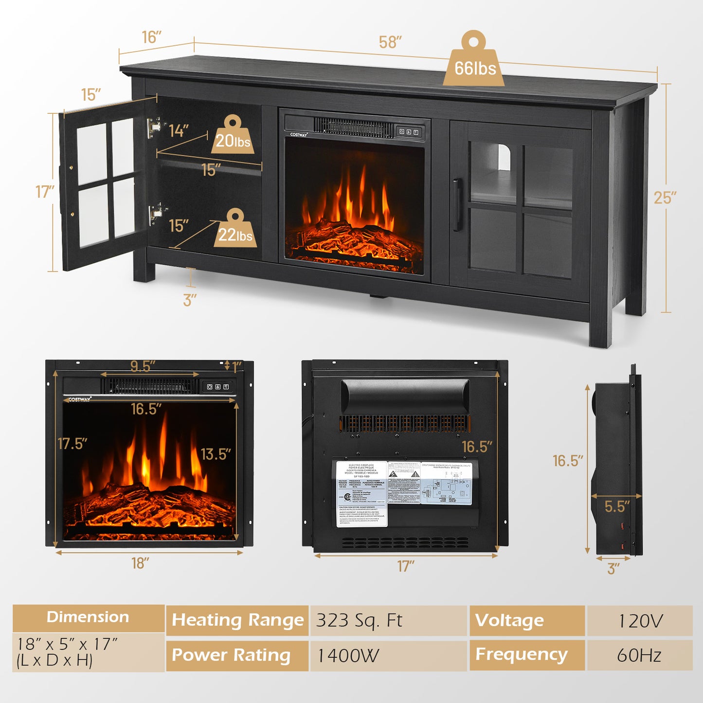 Modern 58 Inch TV Stand with Electric Fireplace and Adjustable Storage for TVs up to 65 Inches - Black