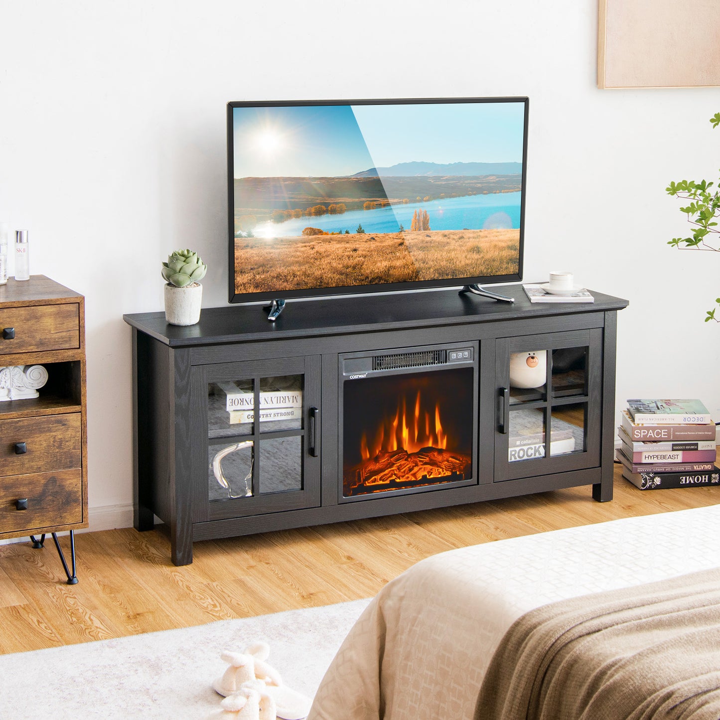 Modern 58 Inch TV Stand with Electric Fireplace and Adjustable Storage for TVs up to 65 Inches - Black