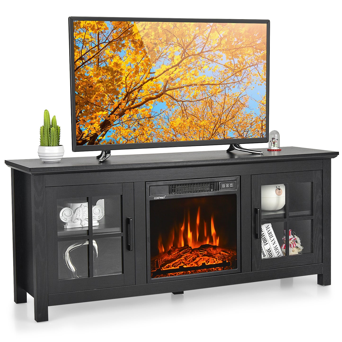 Modern 58 Inch TV Stand with Electric Fireplace and Adjustable Storage for TVs up to 65 Inches - Black