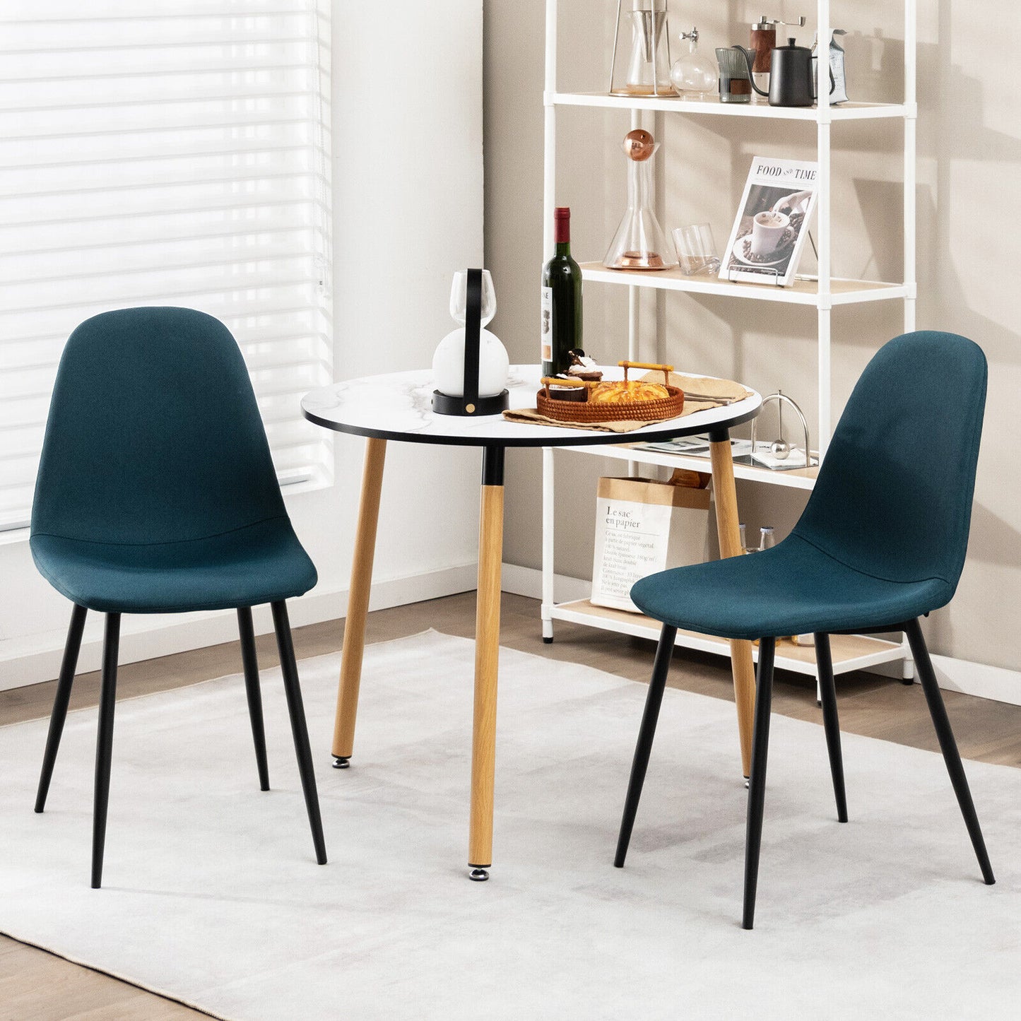 Modern Dining Chair Set of 2 with Metal Legs and Linen Upholstery - Blue